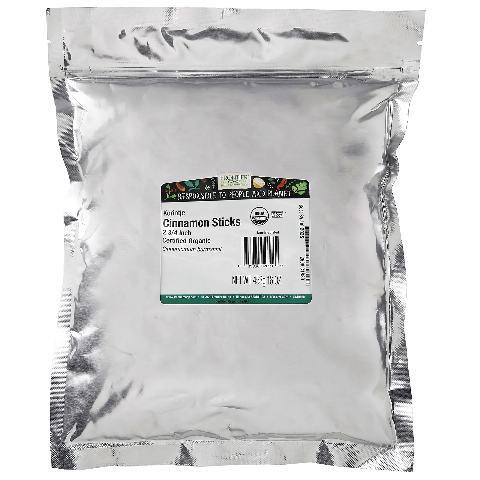 Frontier Co-op, органические палочки индонезийской корицы, 7 см (2 3/4 дюйма), 453 г (16 унций)