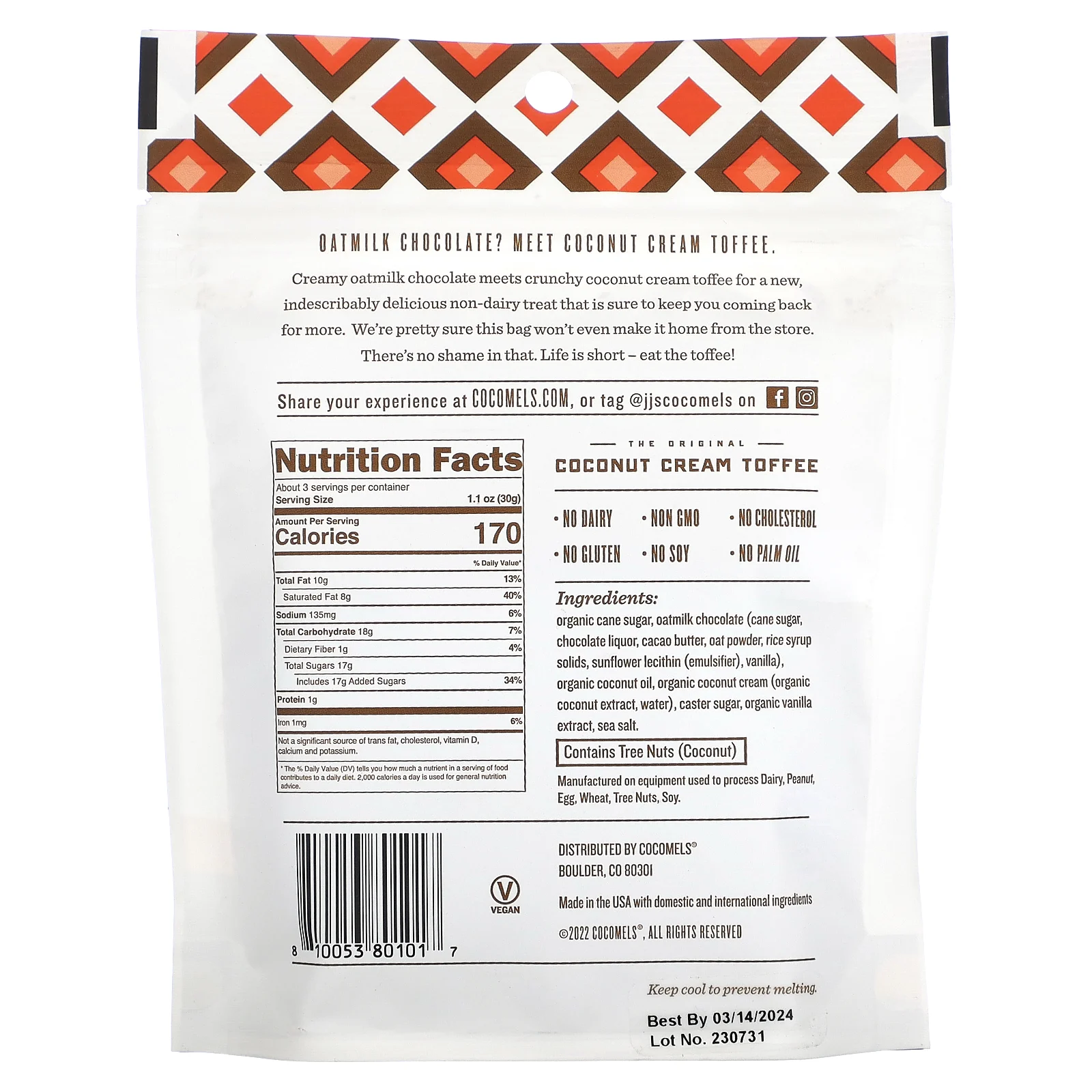 Cocomels Toffee Bark, сливочный шоколад и хрустящий ирис, 99 г (3,5 унции)