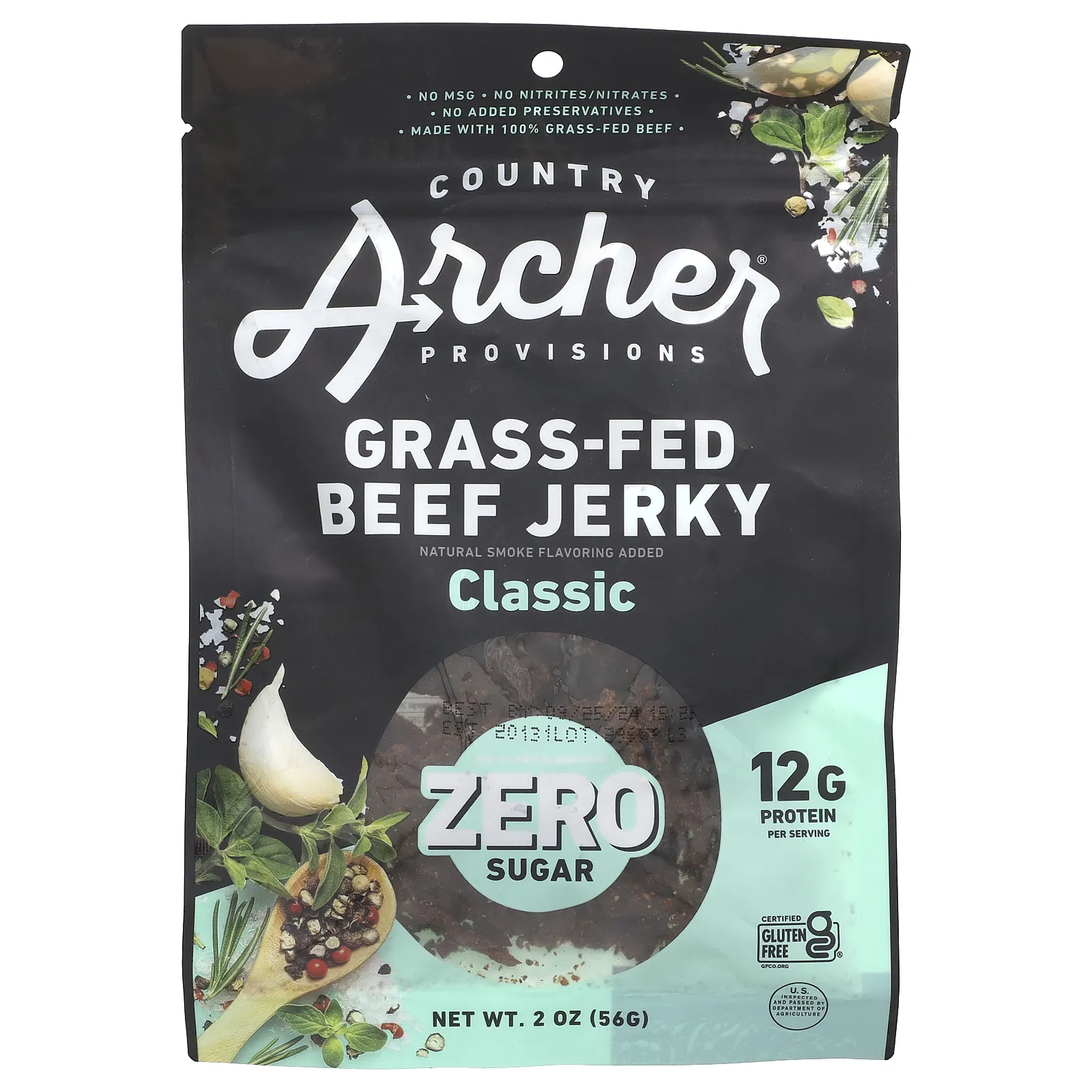 Country Archer Jerky, Вяленое мясо с говядиной травяного откорма, без сахара, классическое, 56 г (2 унции)