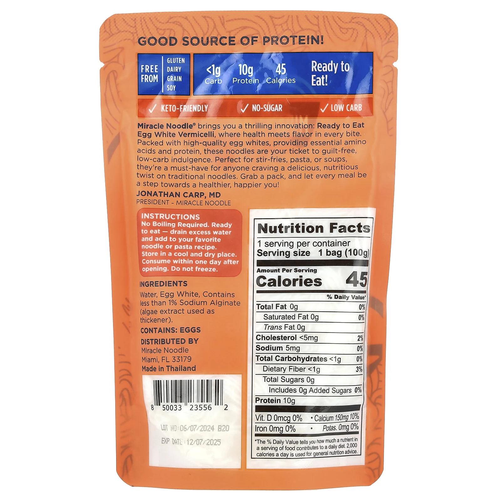 Miracle Noodle, Лапша с вермишелью, яичный белок, 100 г (3,5 унции)