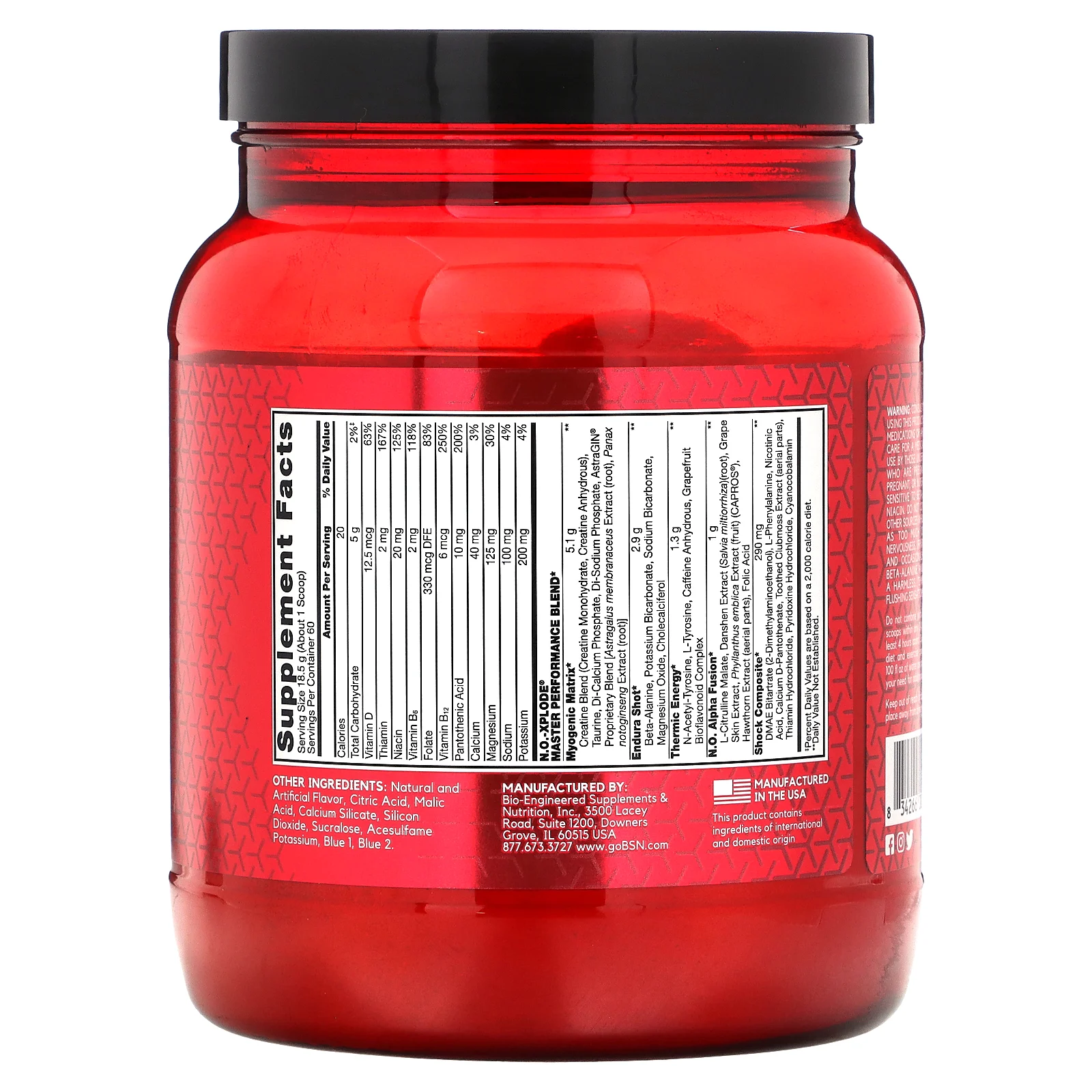 BSN, N.O.-Xplode, предтренировочный комплекс для повышения продуктивности, голубая малина, 1,11 кг (2,45 фунта)