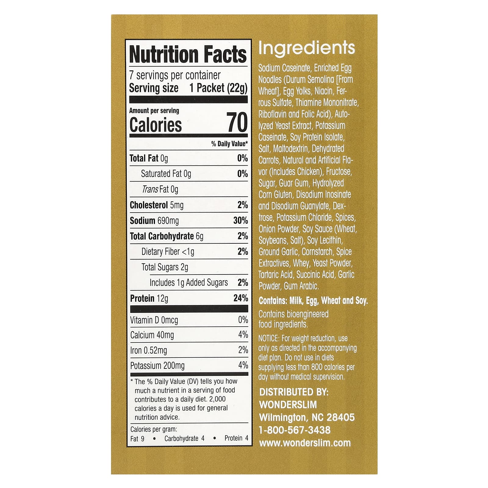 WonderSlim, протеиновый суп, курица с лапшой, 7 пакетиков по 22 г