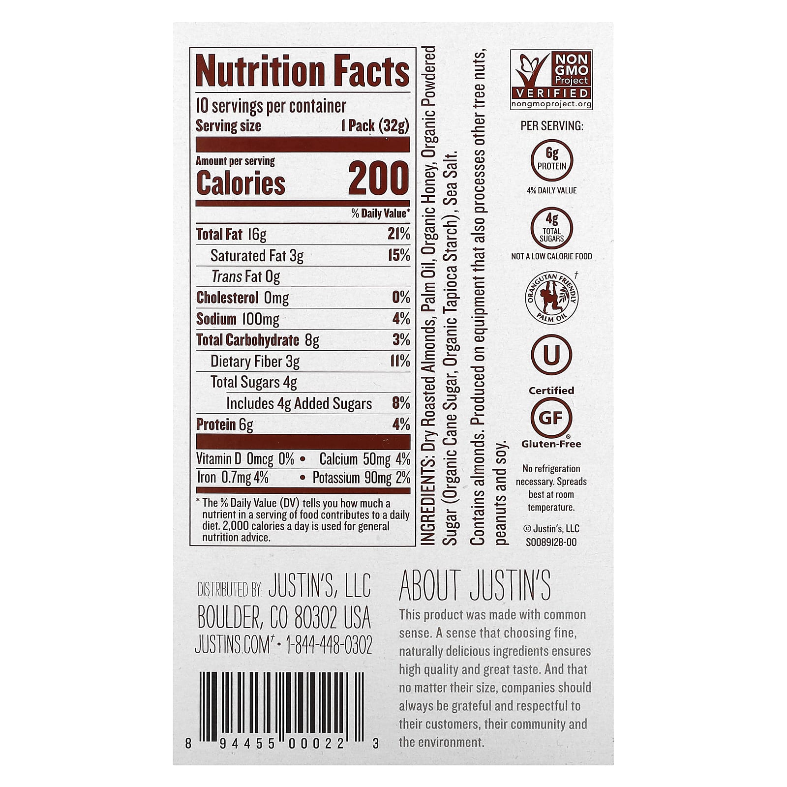 Justin's Nut Butter, Миндальное масло с медом, 10 пакетиков, 1,15 унций (32 г) каждый