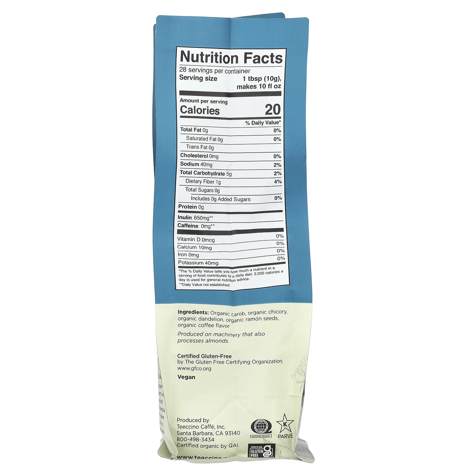 Teeccino, травяной кофе из цикория с одуванчиком, темная обжарка, без кофеина, 284 г (10 унции)