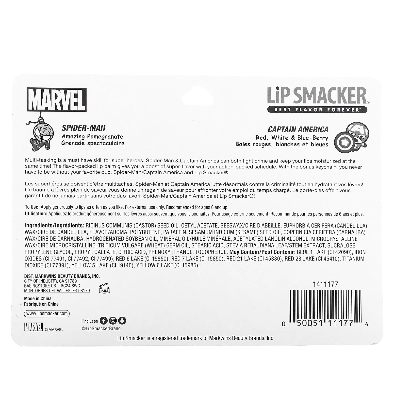 Lip Smacker, Marvel, бальзам для губ, человек-паук и гранат, красный, белый и сине-ягодный, 2 шт. В упаковке, 4 г (0,14 унции)