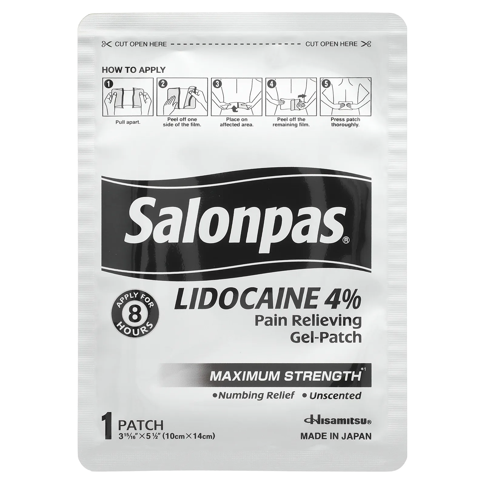 Salonpas, Лидокаин 4% обезболивающий гель-патч, максимальная сила действия, без запаха, 6 патчей