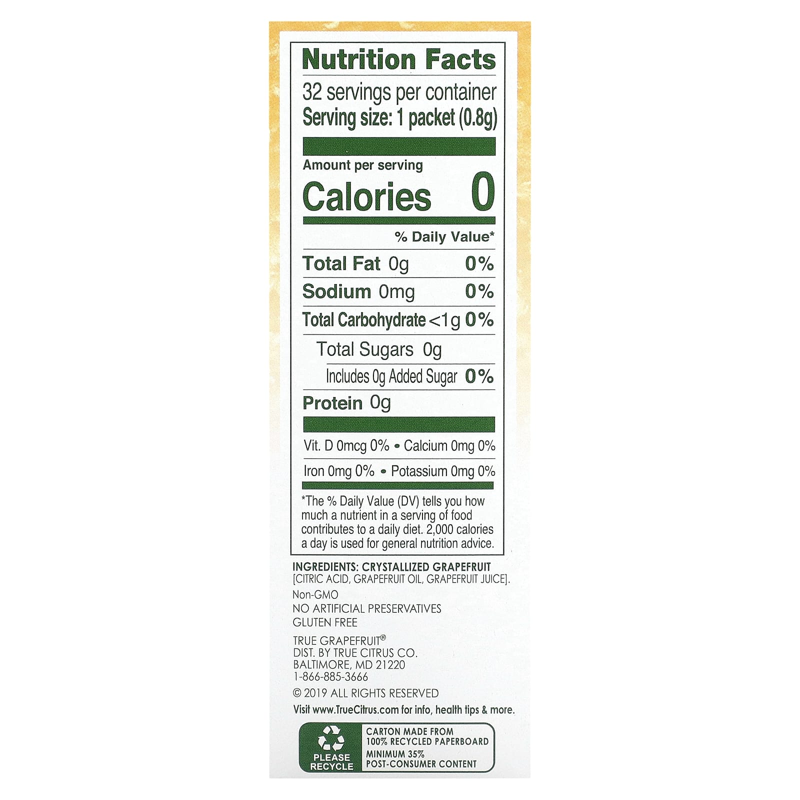 True Citrus, True Grapefruit, кристаллизованный грейпфрут, несладкий, 32 пакетика, 25,6 г (0,90 унции)