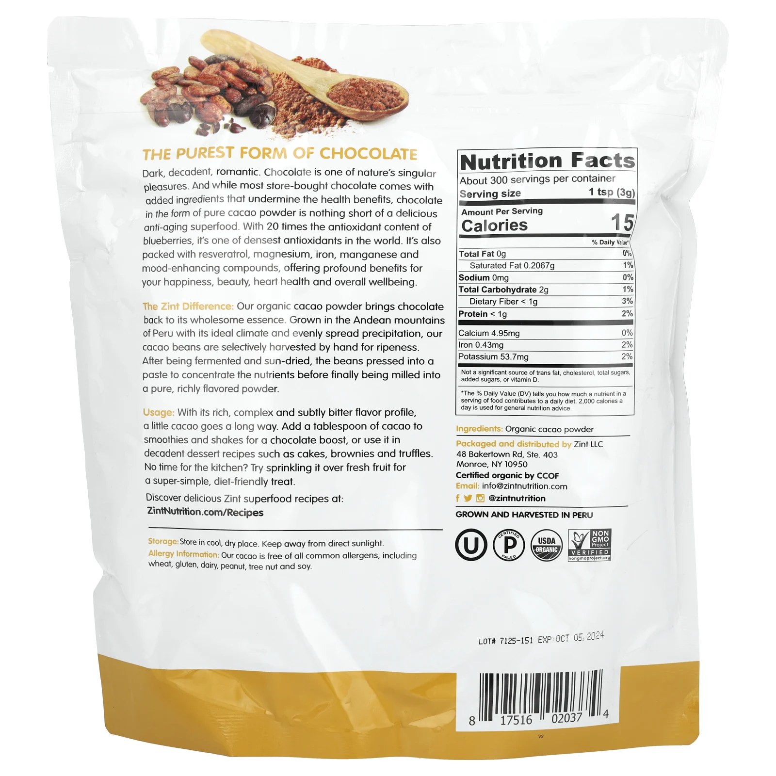Zint, чистый органический порошок, какао, 907 г (32 унции)