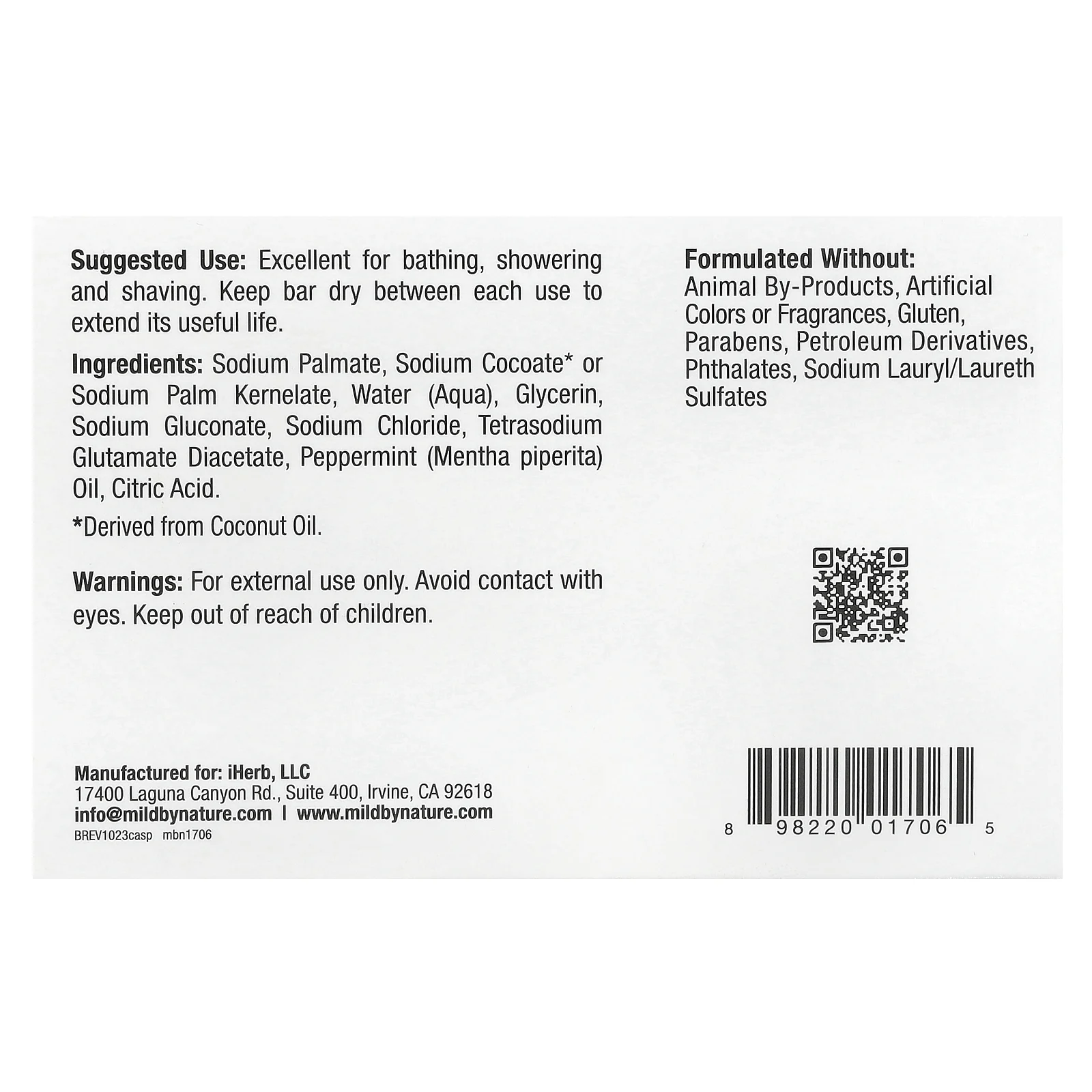 Mild By Nature, кастильское кусковое мыло, с ароматом перечной мяты, 141 г (5 унций)