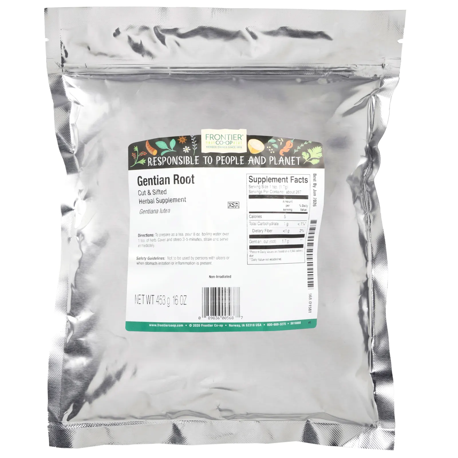 Frontier Co-op, Нарезанный и просеянный корень горечавки, 453 г (16 унций)