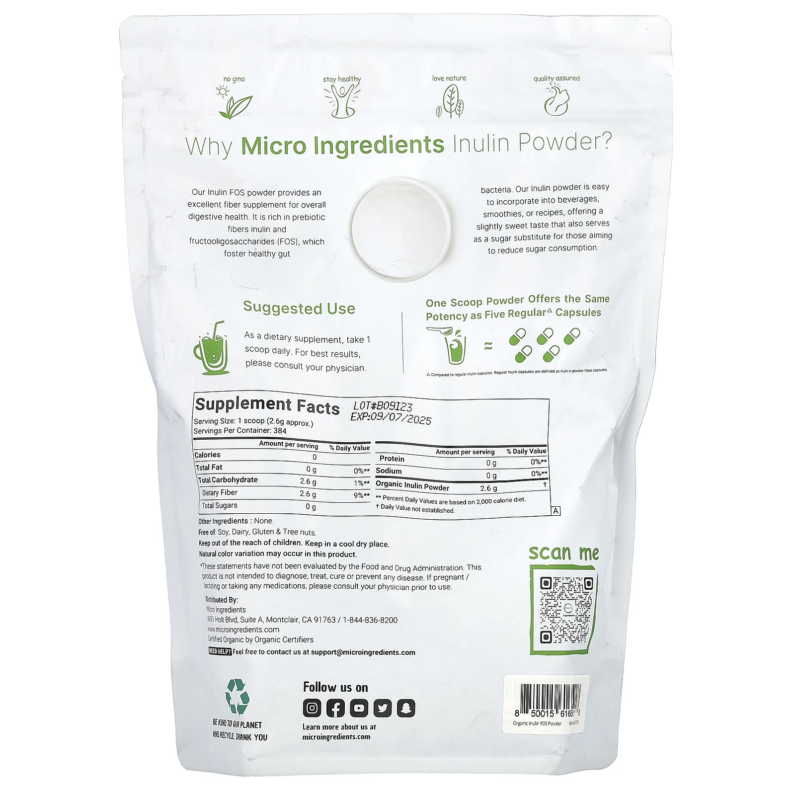 Micro Ingredients, Органический инулин в порошке, без добавок, 998 г (2,2 фунта)