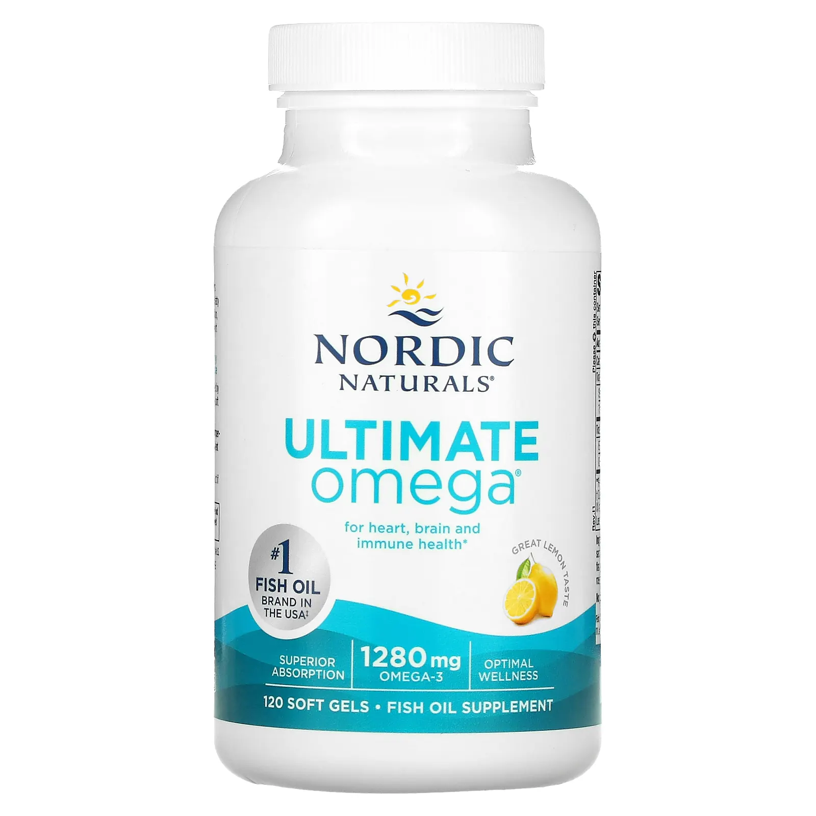 Nordic Naturals, Ultimate Omega, высокоэффективные омега-3 кислоты, со вкусом лимона, 1280 мг, 120 капсул (640 мг в 1 капсуле)