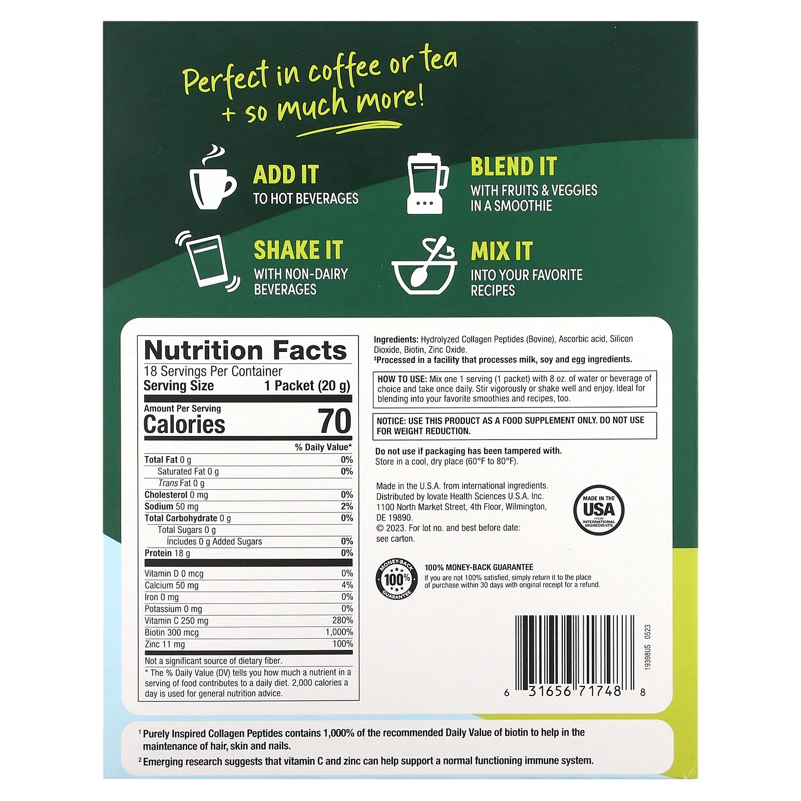 Purely Inspired, пептиды коллагена, без добавок, 18 порционных пакетиков по 20 г (0,71 унции)