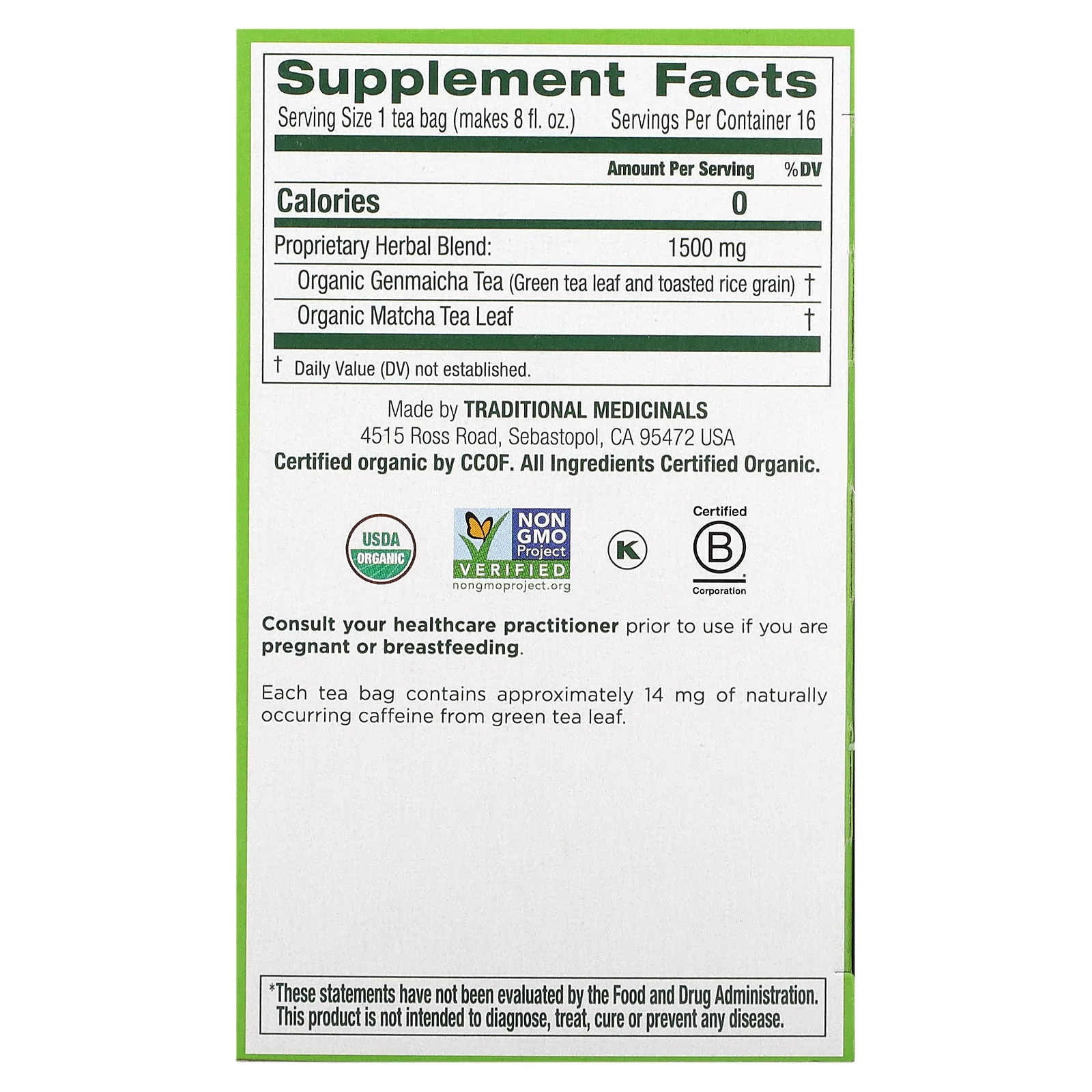 Traditional Medicinals, Органический зеленый чай с обжаренным рисом, матча, 16 чайных пакетиков в упаковке, 24 г (0,85 унции)