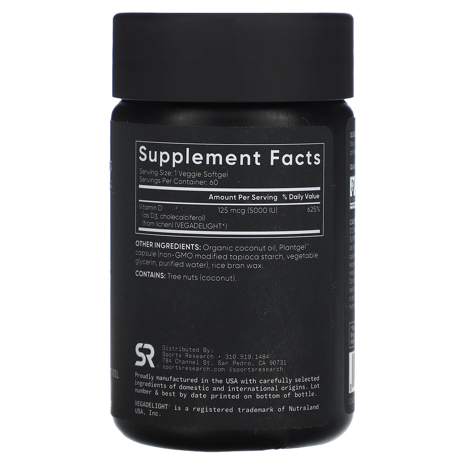 Sports Research, витамин D3 для веганов, 125 мкг (5000 МЕ), 60 растительных капсул