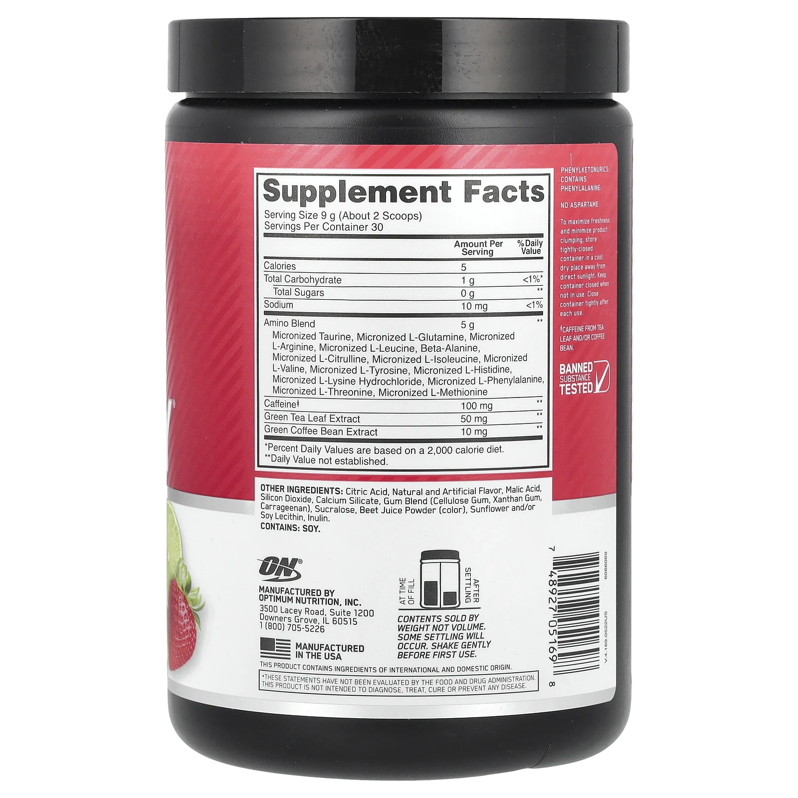 Optimum Nutrition, Essential Amin.O. Energy, клубника и лайм, 270 г (9,5 унции)