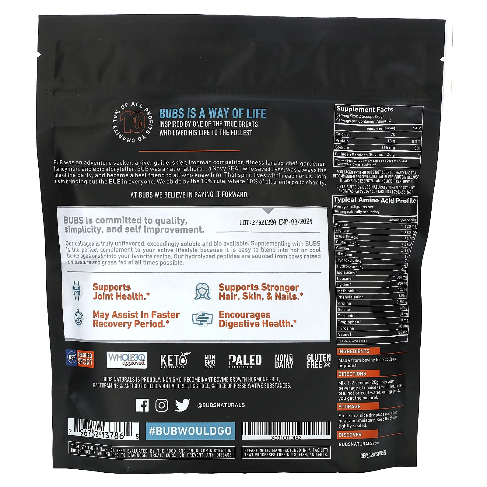 BUBS Naturals, Коллагеновый протеин, без добавок, 283 г (10 унций)