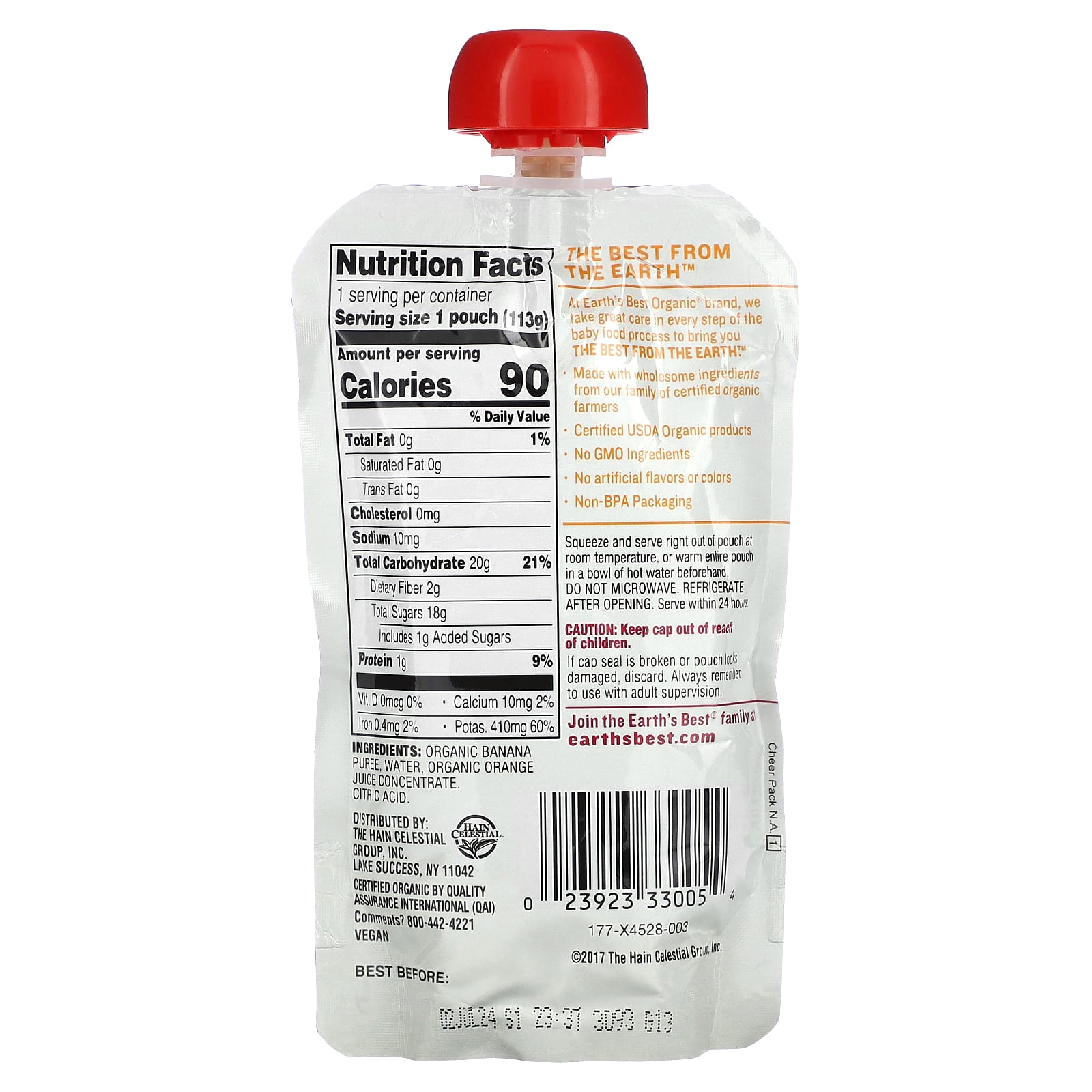 Earth's Best, органическое пюре для детского питания, для детей от 6 месяцев, апельсин и банан, 113 г (4 унции)