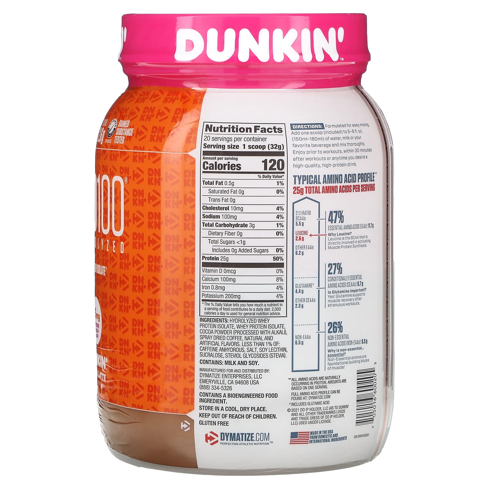 Dymatize, ISO100, гидролизованный, 100% изолят сывороточного протеина, Dunkin 'Mocha Latte, 650 г (1,4 фунта)