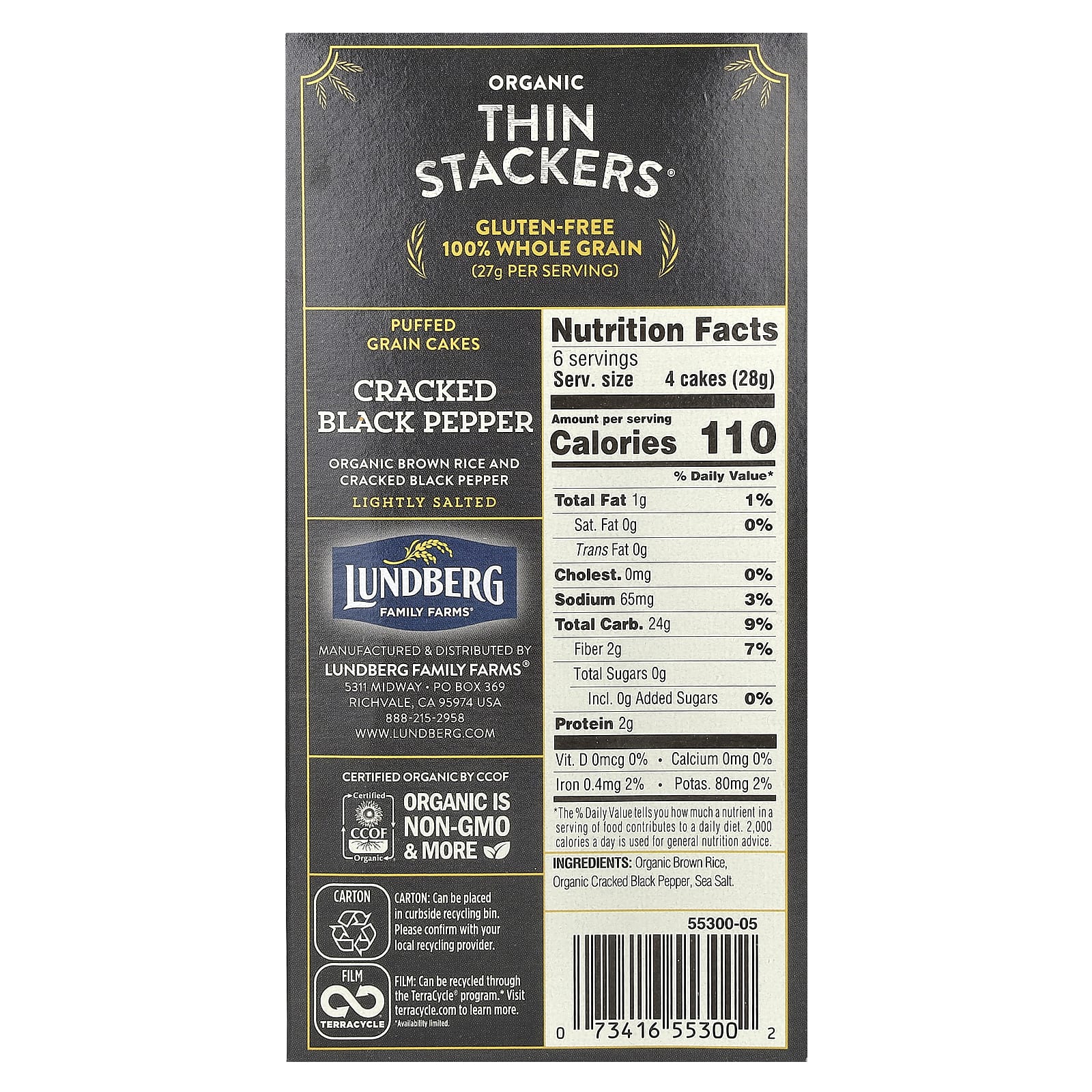 Lundberg, Organic Thin Stackers, воздушные пирожные, черный перец с мелкой солью, с легкой солью, 24 рисовых кекса, 168 г (6 унций)