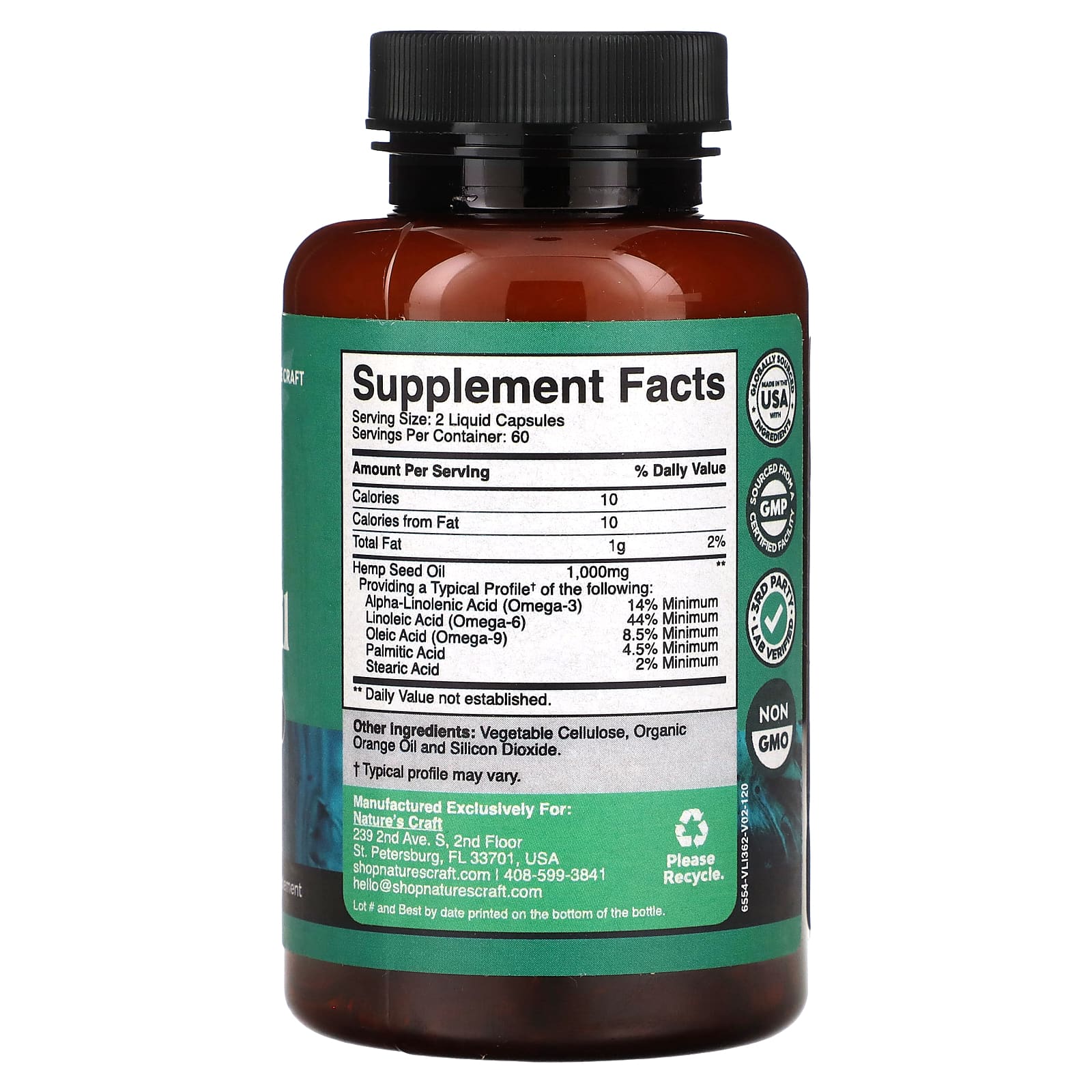 Nature's Craft, конопляное масло, 500 мг, 120 капсул с жидкостью