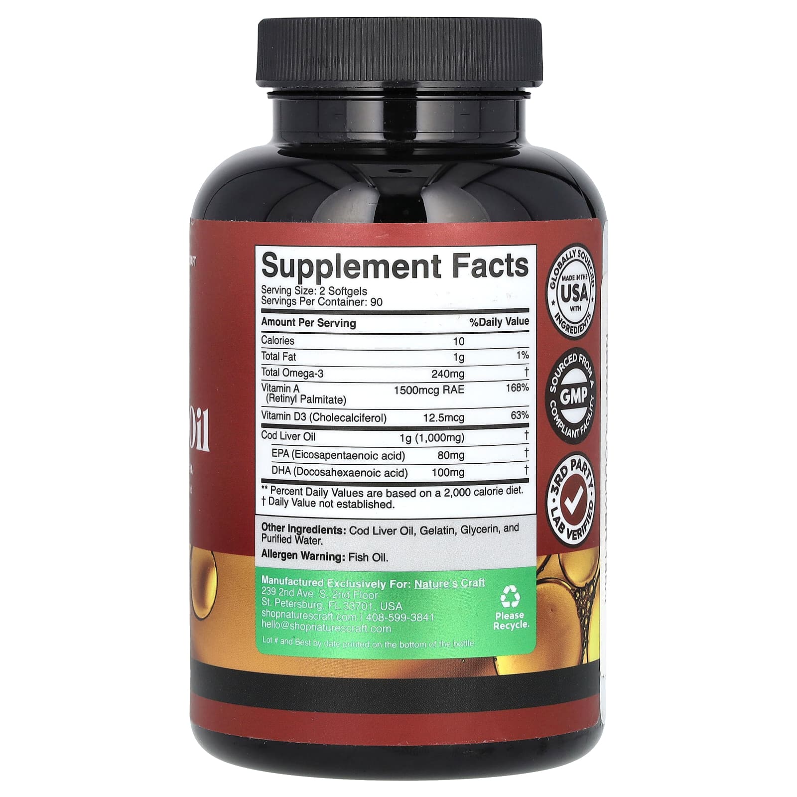 Nature's Craft, жир печени дикой исландской трески с витаминами A и D3, 180 мягких таблеток
