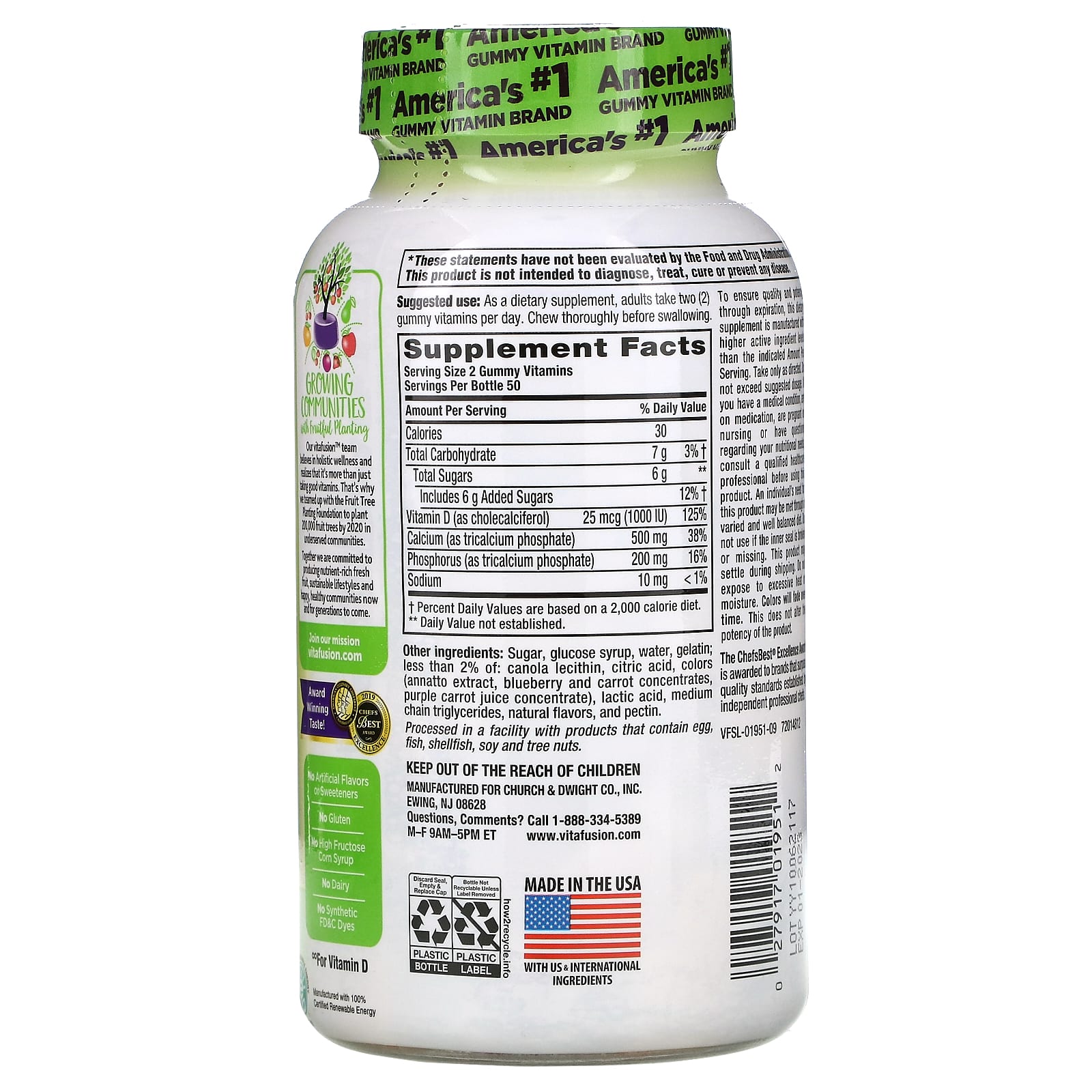 VitaFusion, кальций, натуральный фруктово-сливочный вкус, 500 мг, 100 жевательных таблеток (250 мг в 1 таблетке)