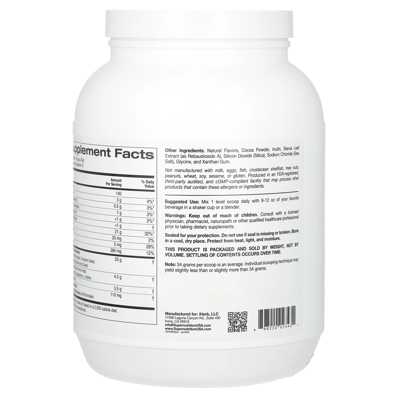 Super Nutrition, прекрасный растительный протеин, со вкусом шоколада, 1020 г (2,2 фунта)