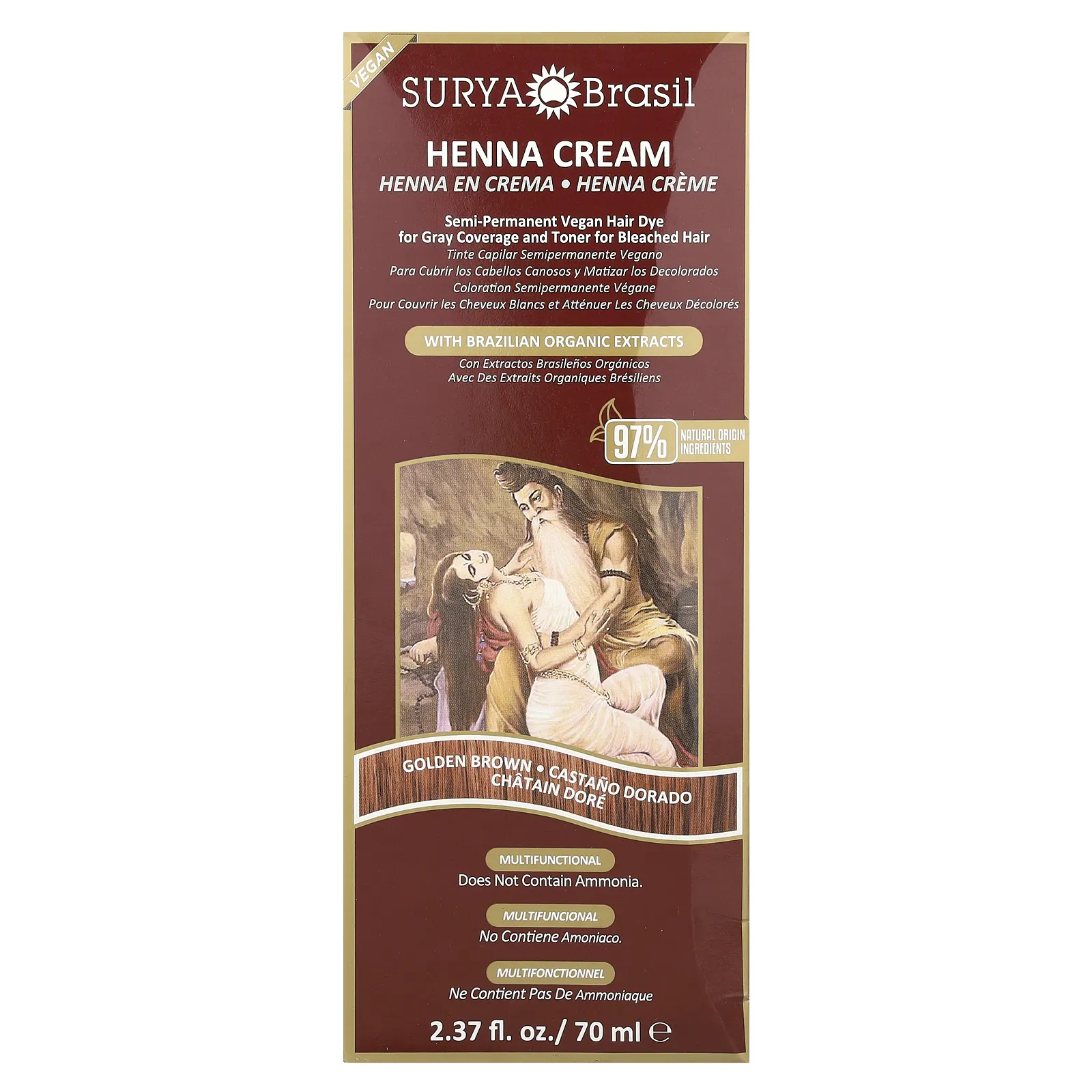 Surya Brasil, Surya Henna, эффективная здоровая краска Henna Cream для седоватых волос, золотисто-каштановый, 2,37 жидких унций (70 мл)