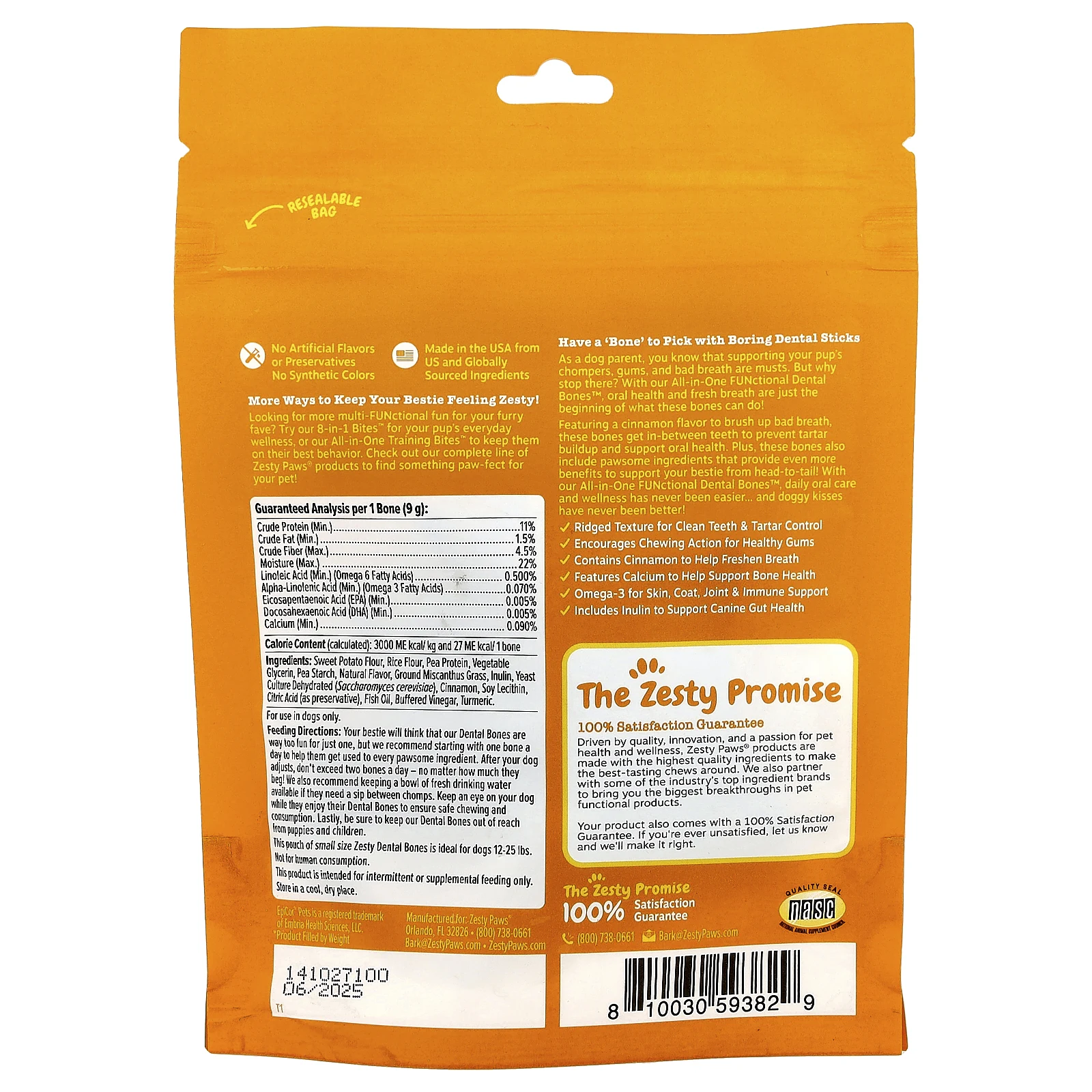 Zesty Paws, All-in-One Functional Dental Bones, для собак, для всех возрастов, корица, 6 маленьких зубных костей, 54 г (1,9 унции)