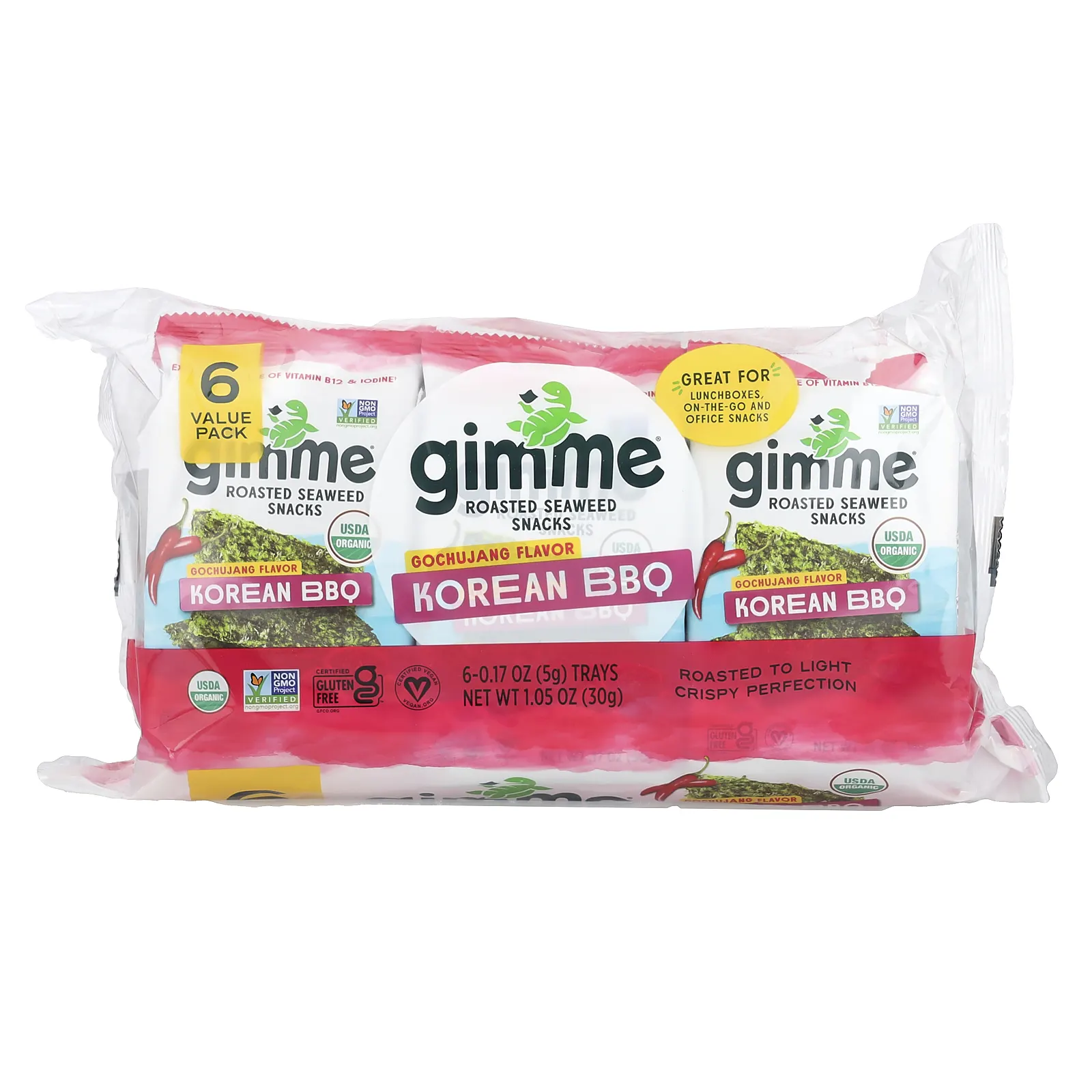 gimMe, Снеки из жареных морских водорослей, корейское барбекю, 6 пакетиков по 5 г (0,17 унции)