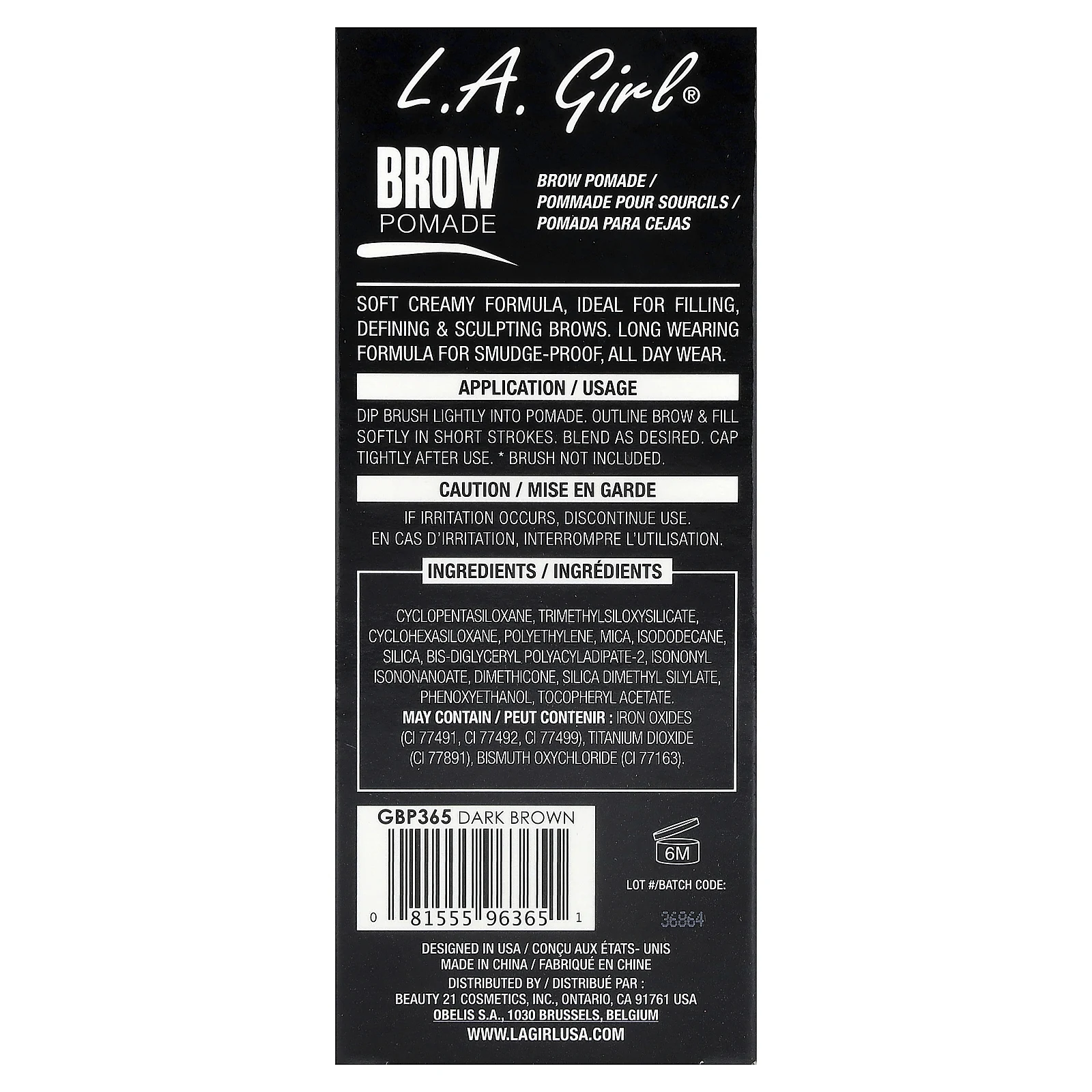 L.A. Girl, помада для бровей, GBP365 темно-коричневый, 3 г (0,11 унции)