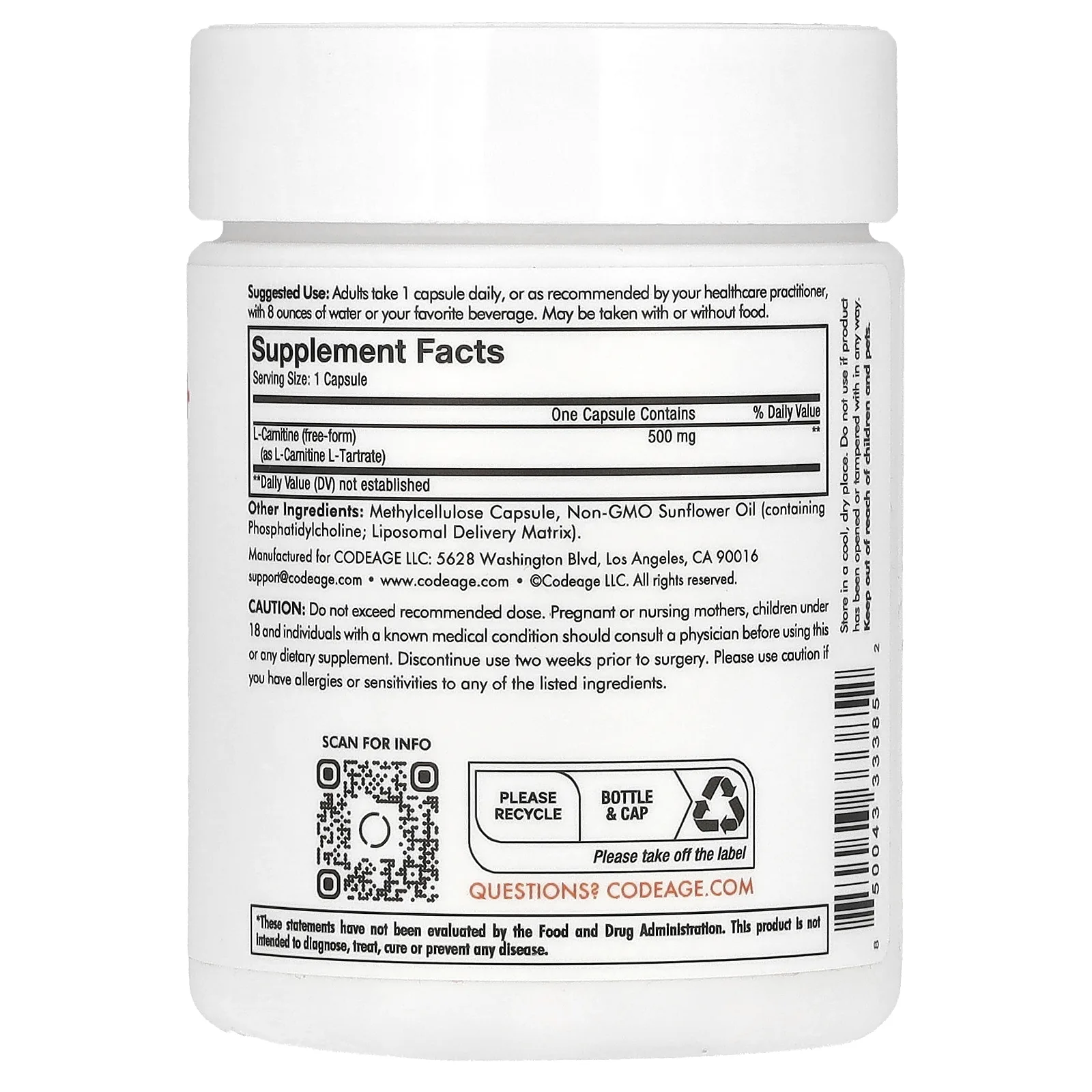 Codeage, липосомальный L-карнитин+, аминокислота в свободной форме, улучшенное усвоение, 90 капсул