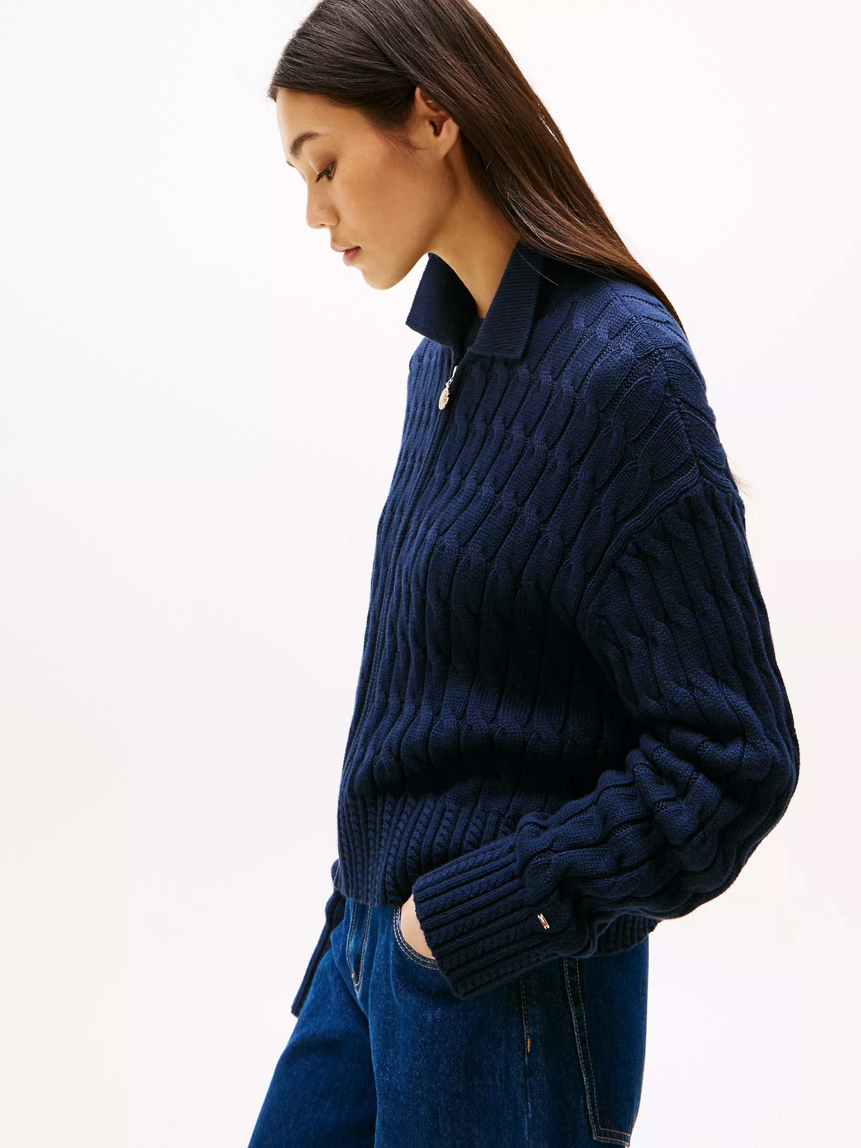 Женский свитер Tommy Hilfiger, Вязаный кардиган с узором "косы" и молнией свободного кроя