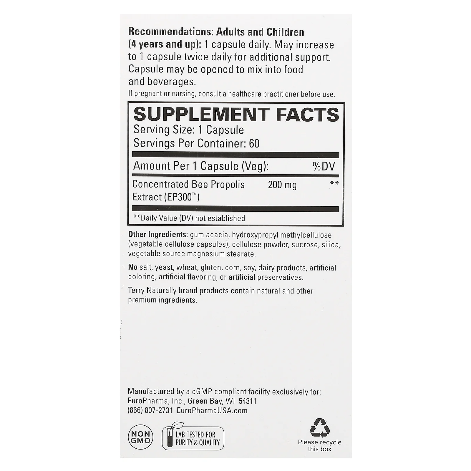 Terry Naturally, экстракт прополиса EP300, 60 капсул