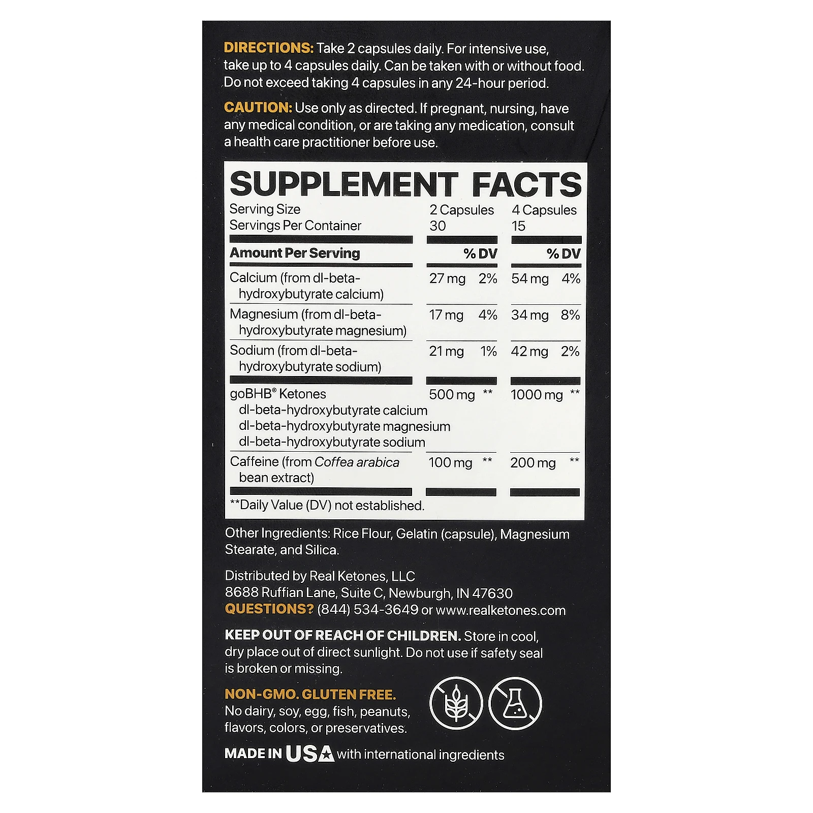 Real Ketones, кетоновый сжигатель жира, кетоны с кофеином goBHB®, 60 капсул