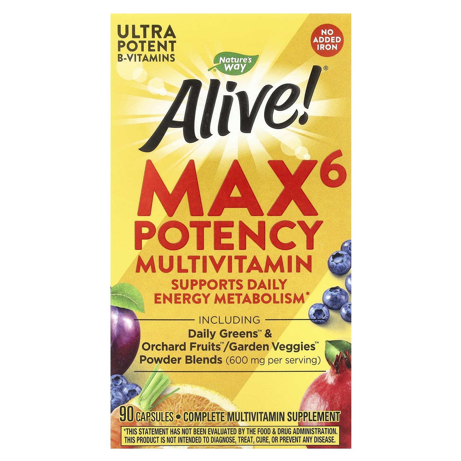 Nature's Way, Alive! Max6 Potency, мультивитамины повышенной эффективности, без добавления железа, 90 капсул