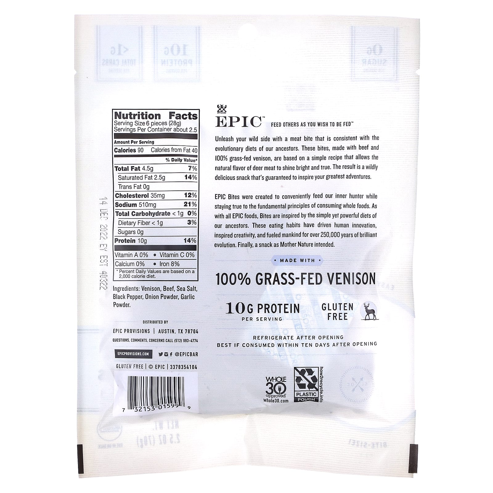 Epic Bar, Bites, стейк из оленины с говядиной, 71 г (2,5 унции)