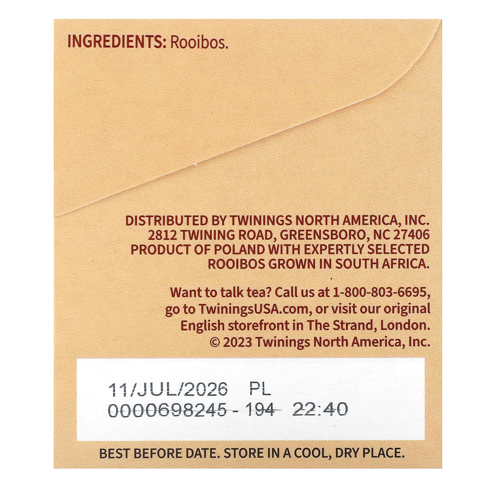 Twinings, чистый травяной чай, чистый красный чай ройбуш, без кофеина, 20 чайных пакетиков, 40 г (1,41 унции)