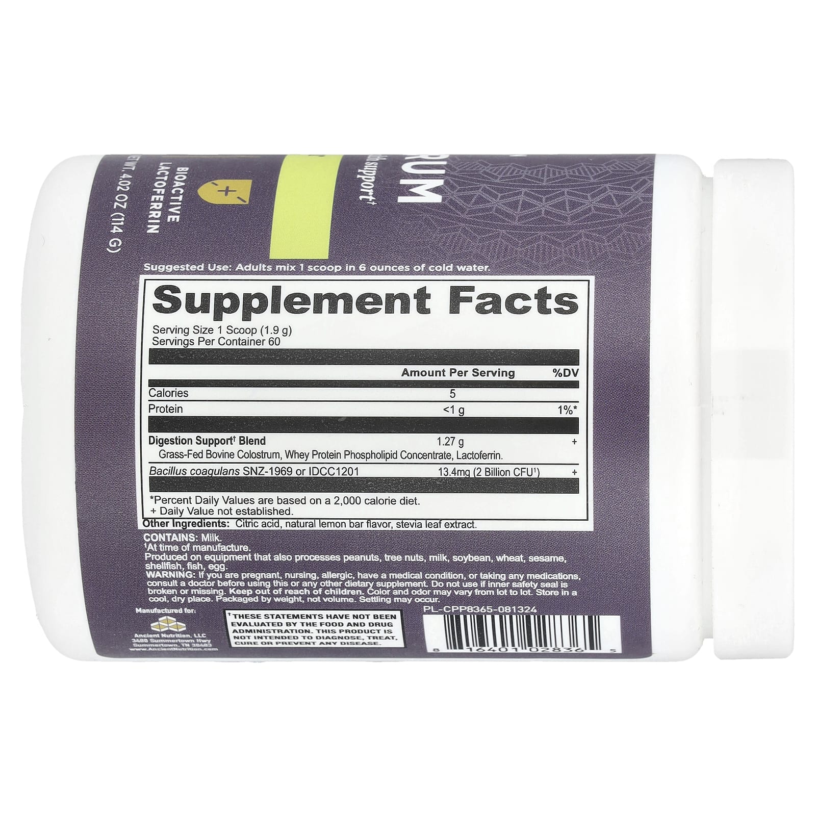 Ancient Nutrition, Молозиво, лимонный батончик, 114 г (4,02 унции)