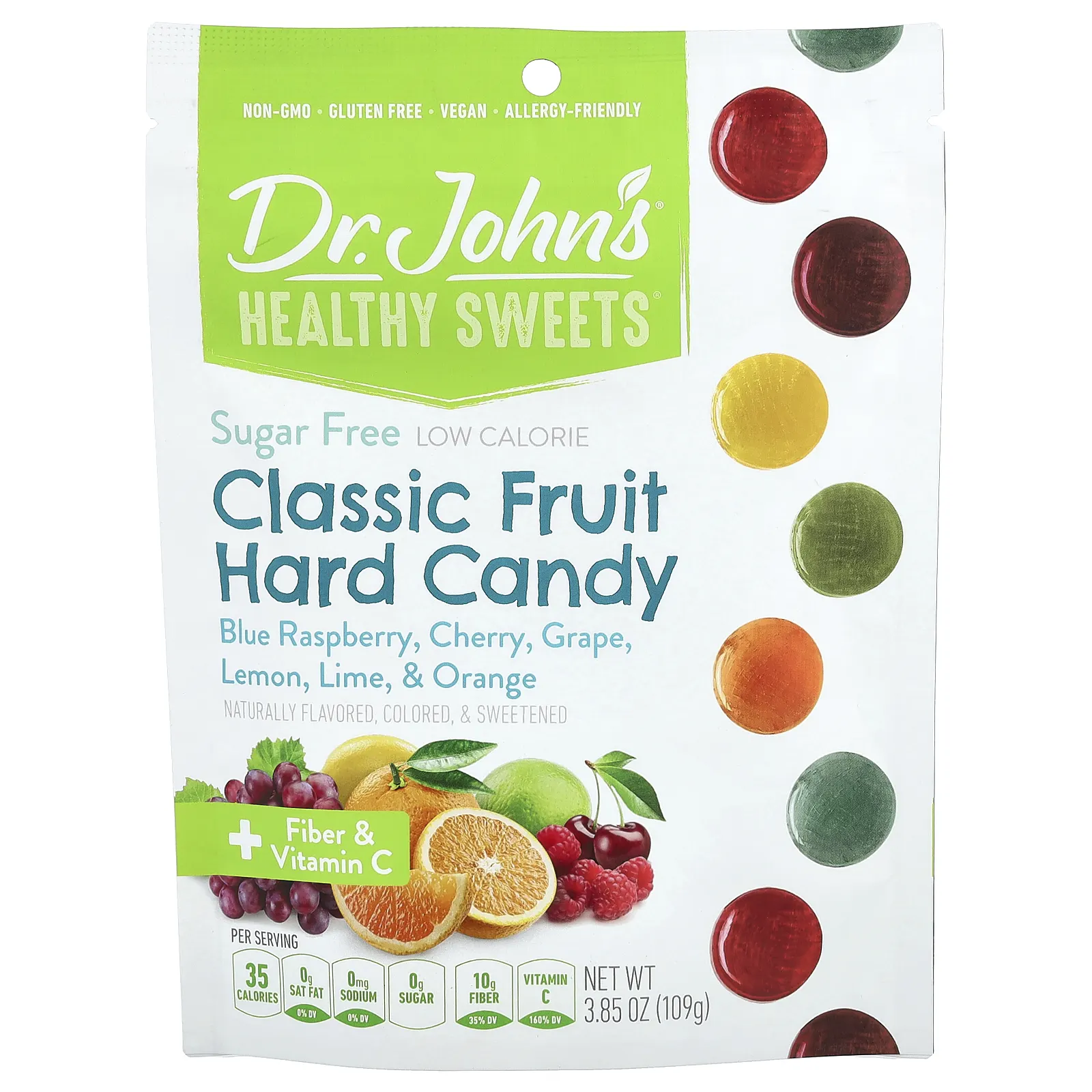 Dr. John's Healthy Sweets, Фруктовая карамель Classic, + клетчатка и витамин C, без сахара, 109 г (3,85 унции)