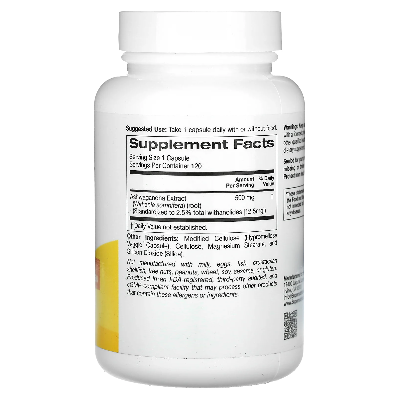 Super Nutrition, Ашваганда, 500 мг, 120 растительных капсул