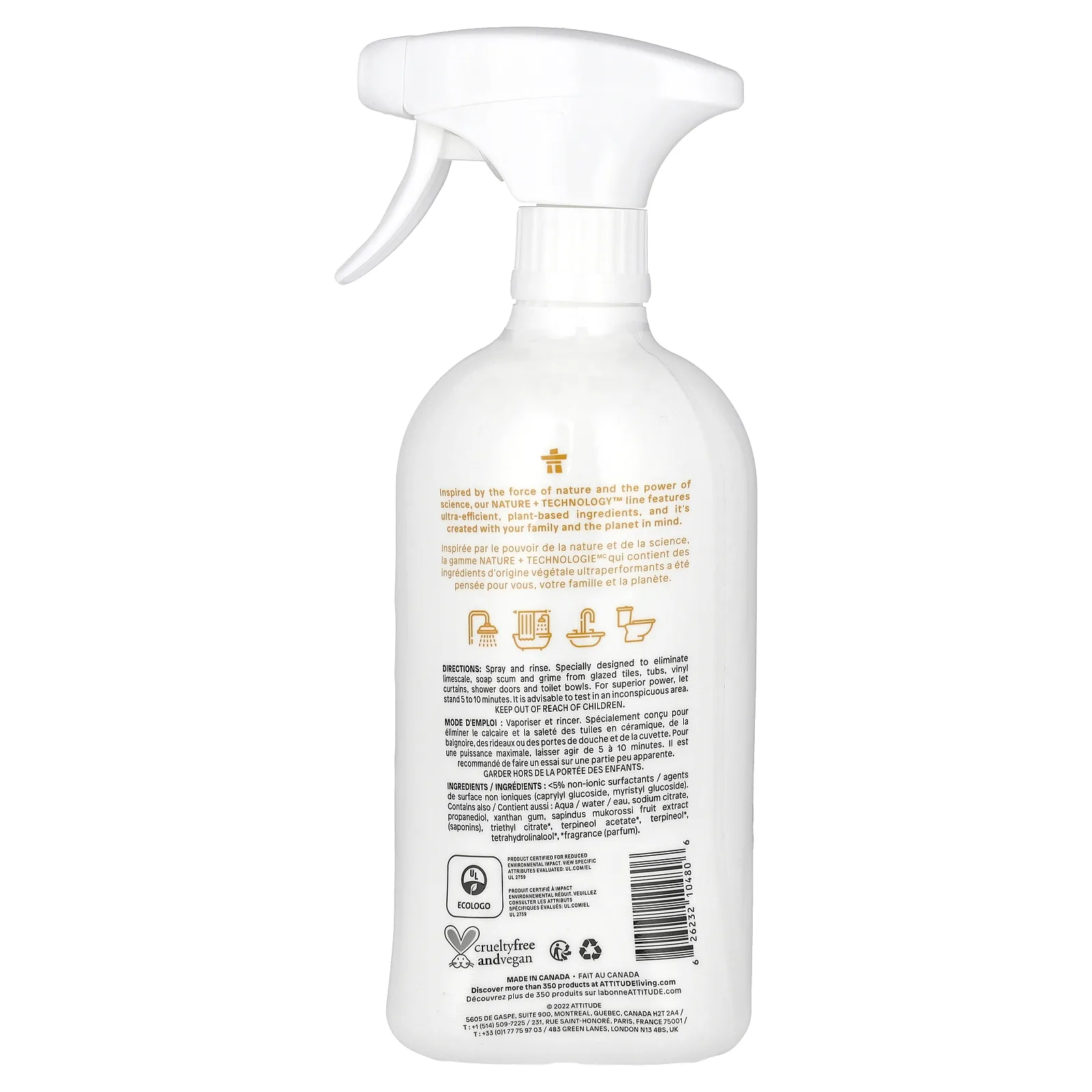 ATTITUDE, чистящее средство для ванной, с цитрусовым ароматом, 800 мл (27,1 жидк. унции)