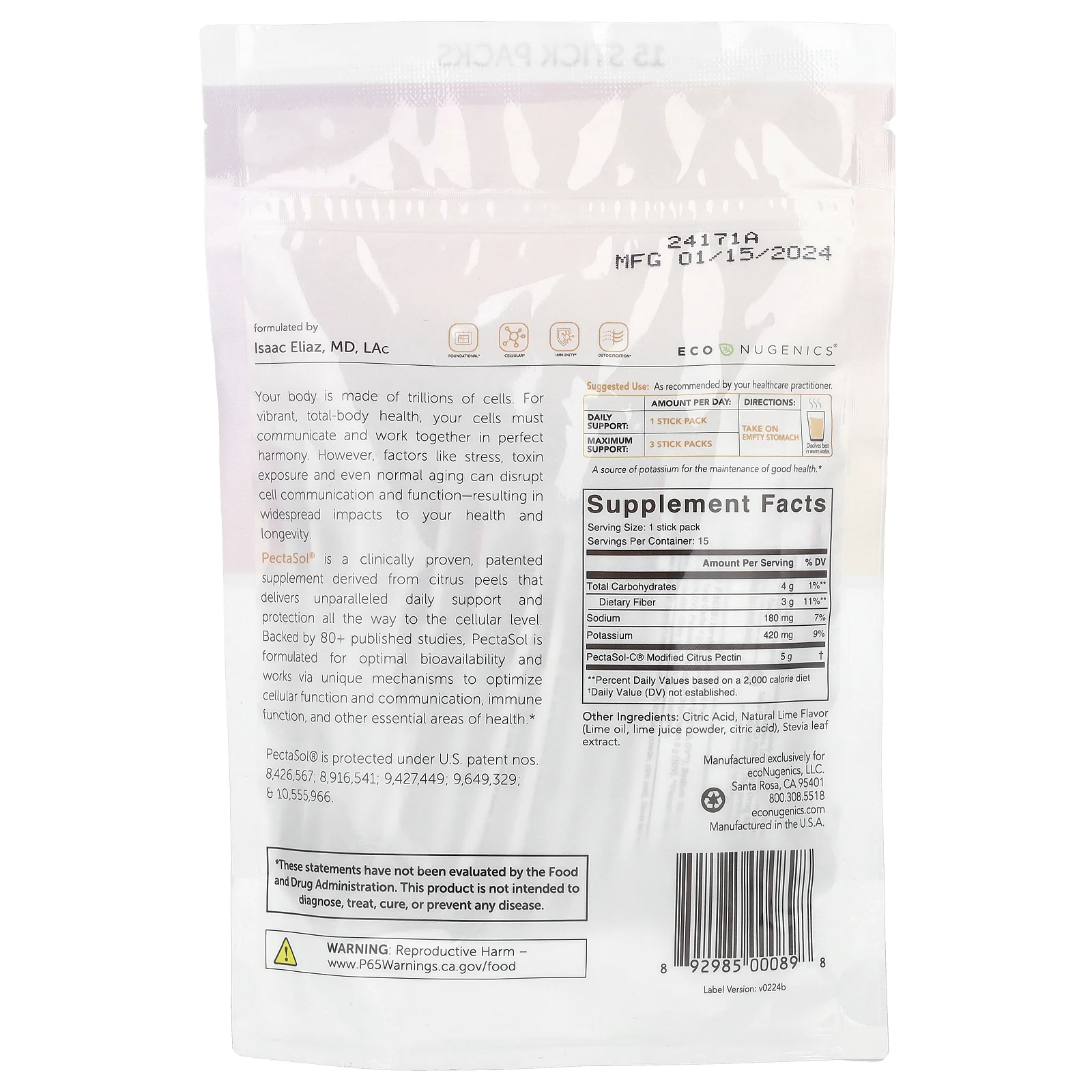Econugenics, Pectasol®, модифицированный цитрусовый пектин, 15 пакетиков в стиках по 6,1 г (0,22 унции)