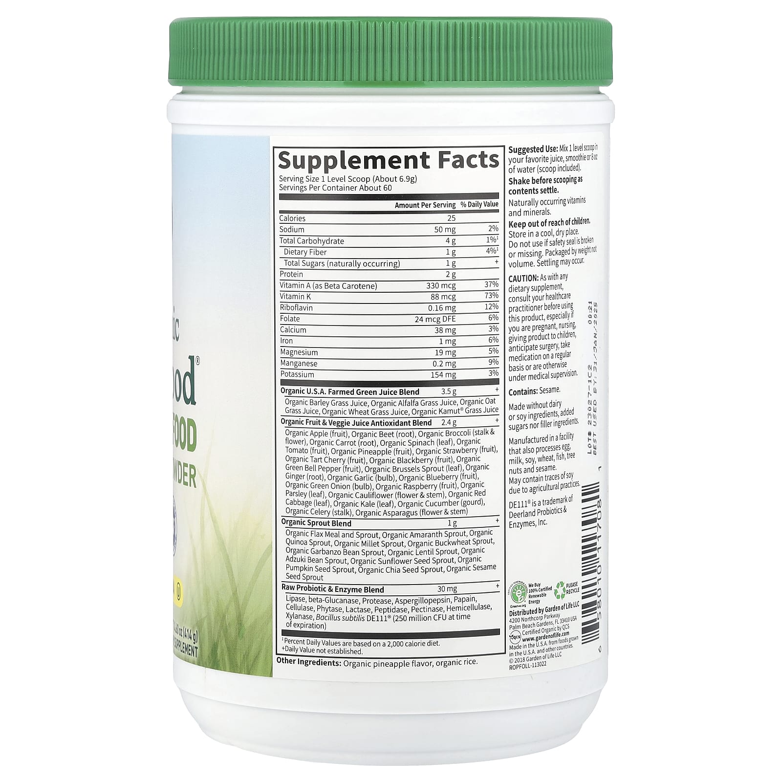 Garden of Life, Raw Organic Perfect Food, Green Superfood, порошок сочной зелени, классический вкус, 414 г (14,6 унции)