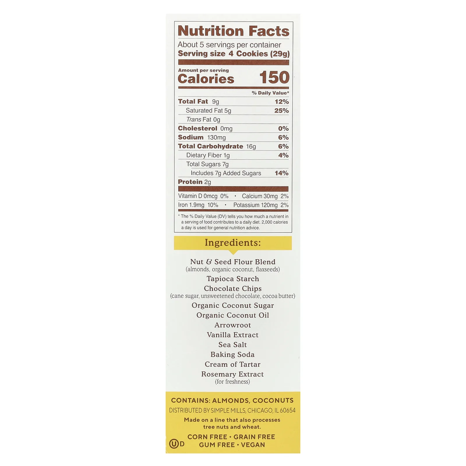 Simple Mills, хрустящее печенье с миндальной мукой и шоколадной крошкой, 156 г (5,5 унции)