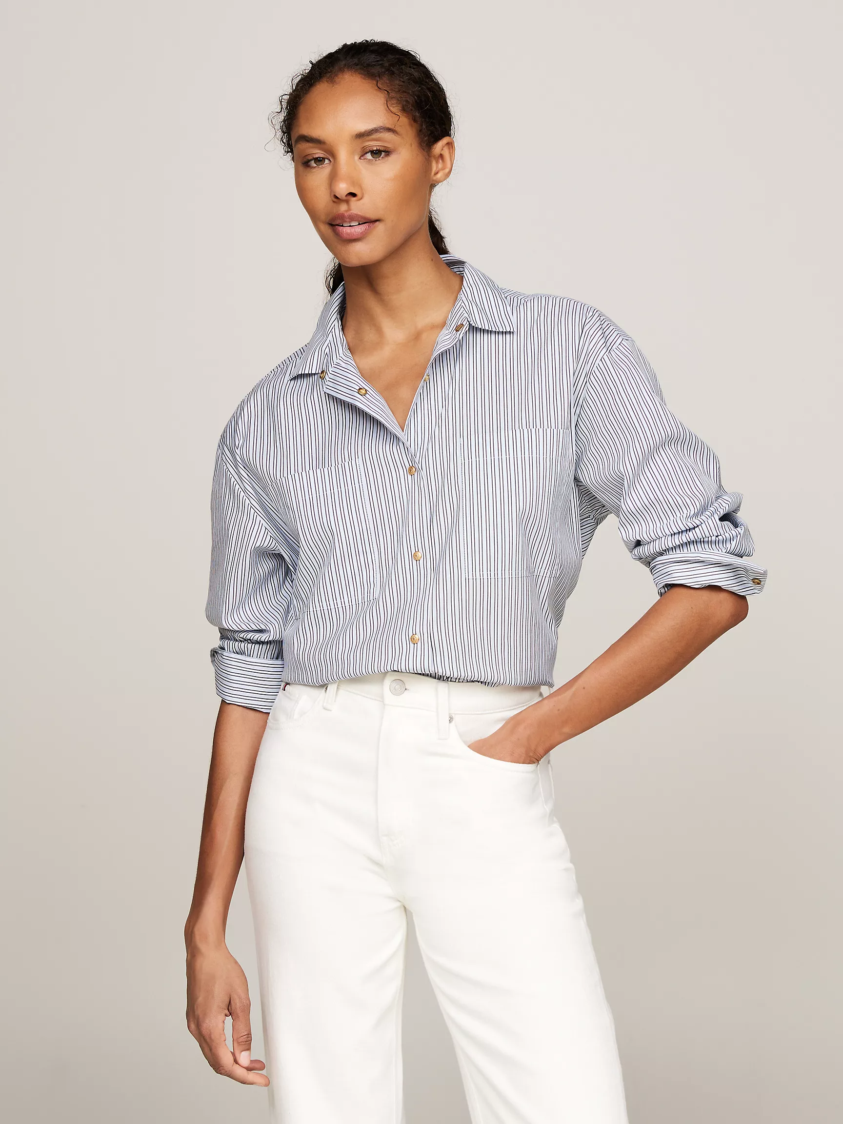 Женская рубашка Tommy Hilfiger, Удлиненная рубашка с полосками и накладными карманами