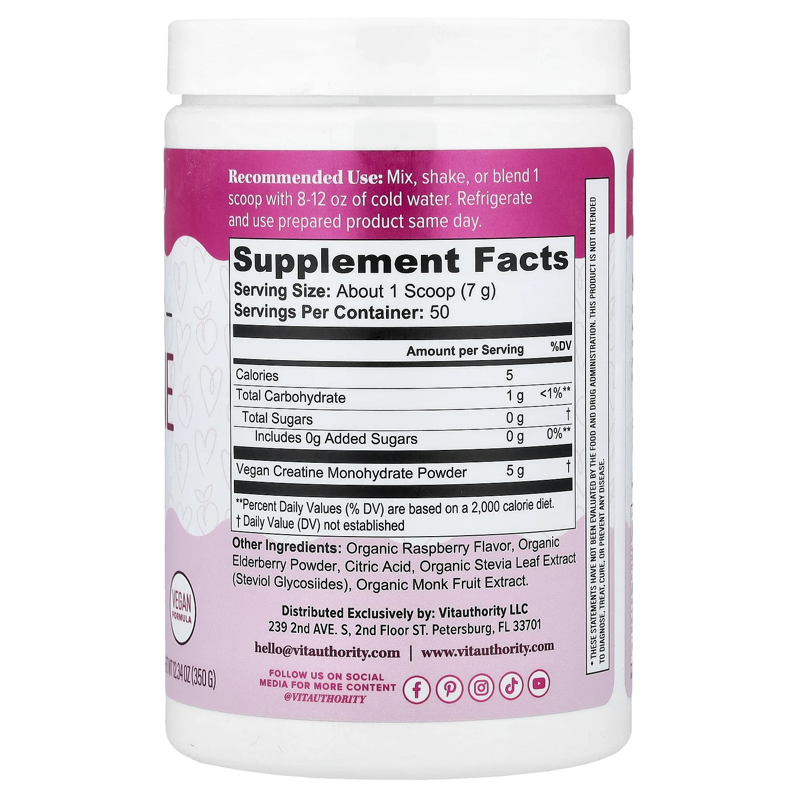 Vitauthority, Active, моногидрат креатина для женщин, малина, 350 г (12,34 унции)