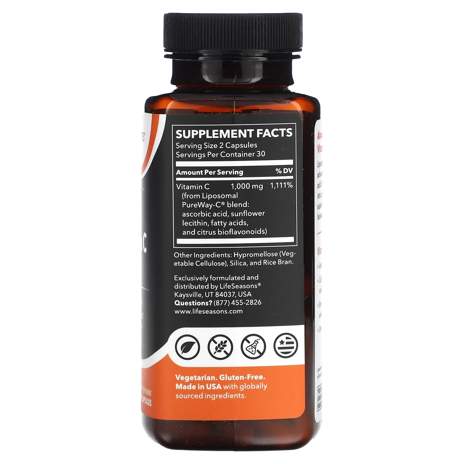 LifeSeasons, липосомальный витамин C, 1000 мг, 60 растительных капсул (500 мг в 1 капсуле)