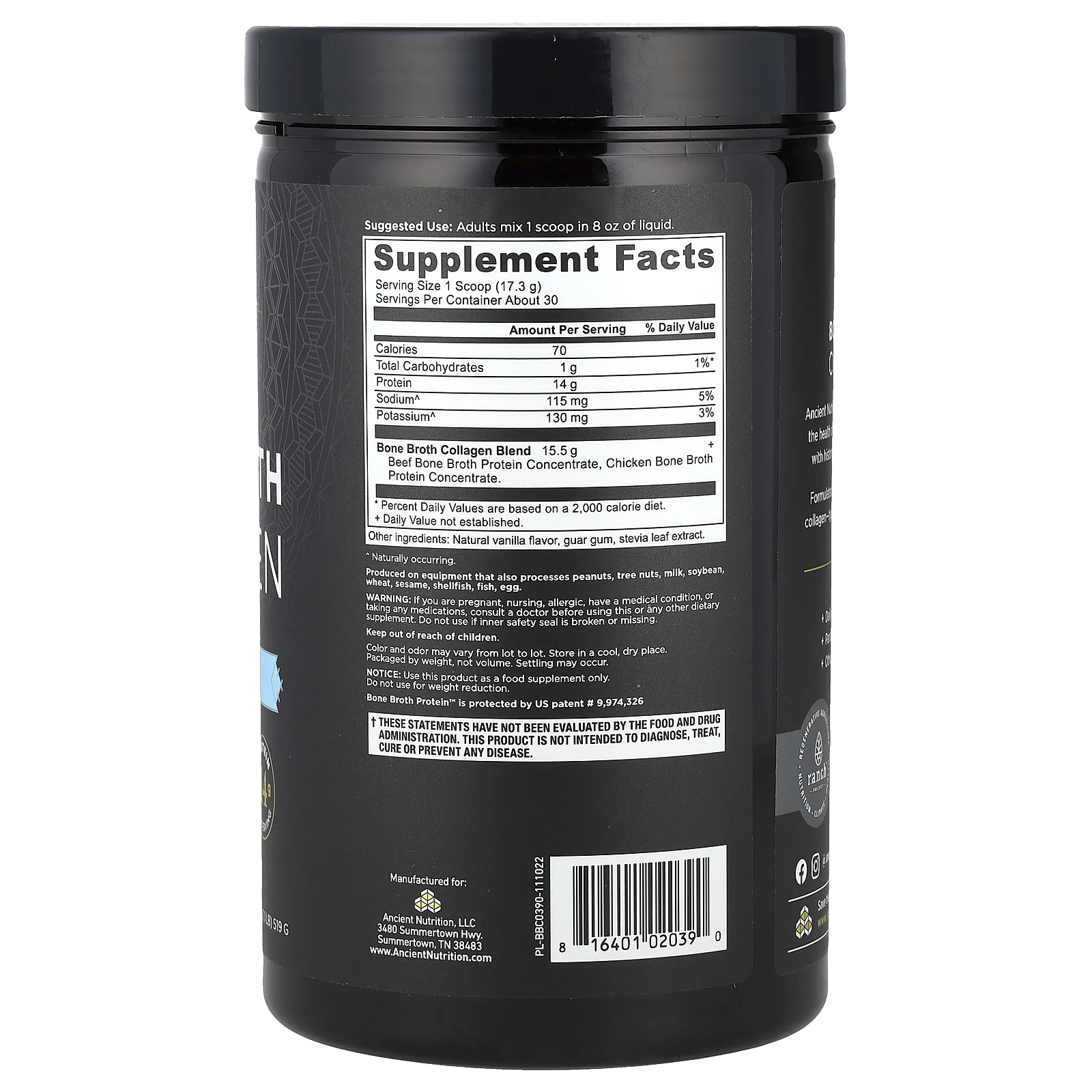 Ancient Nutrition, Bone Broth Collagen, ваниль, 519 г (1,1 фунта)